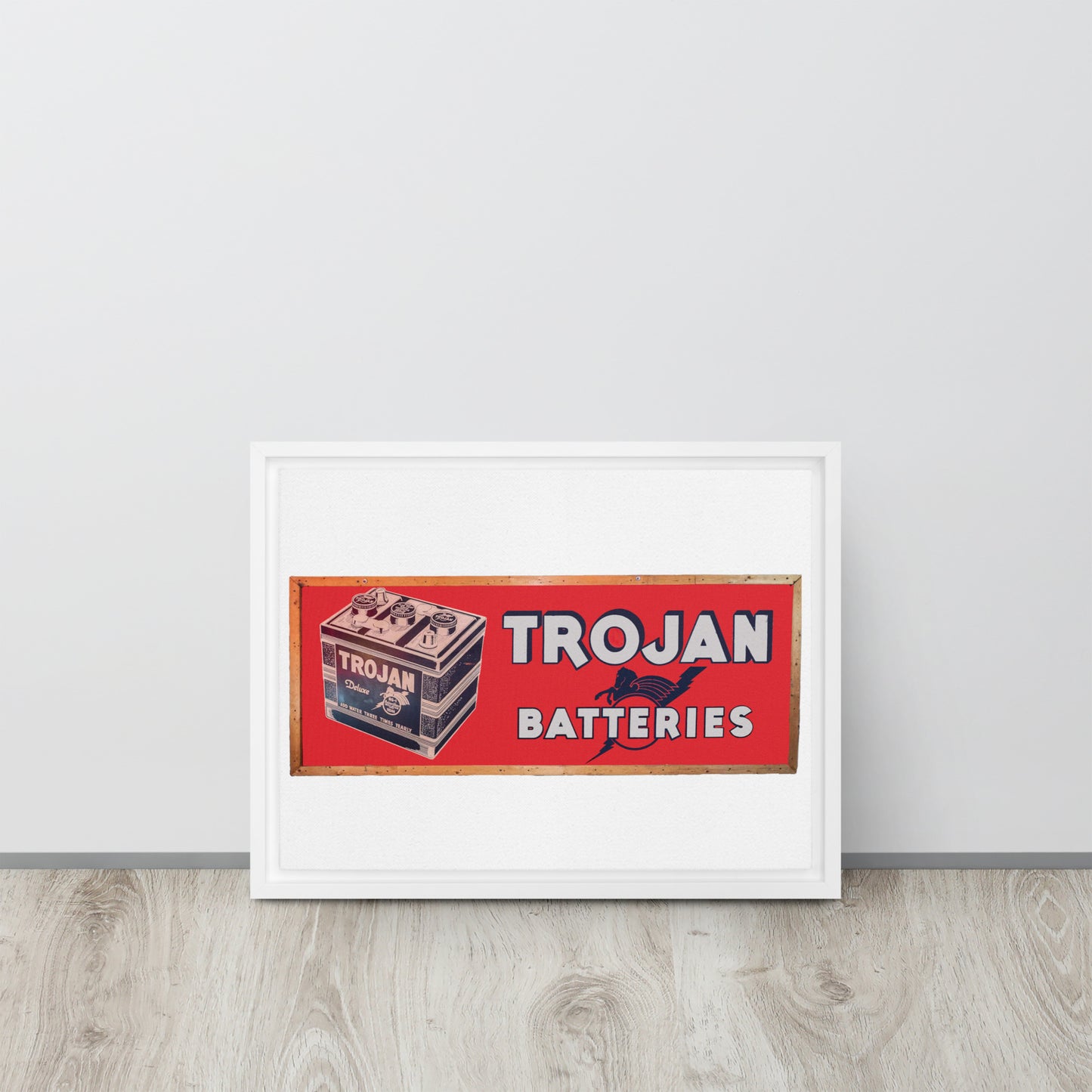 Vintage Trojan Battery Sign Framed canvas