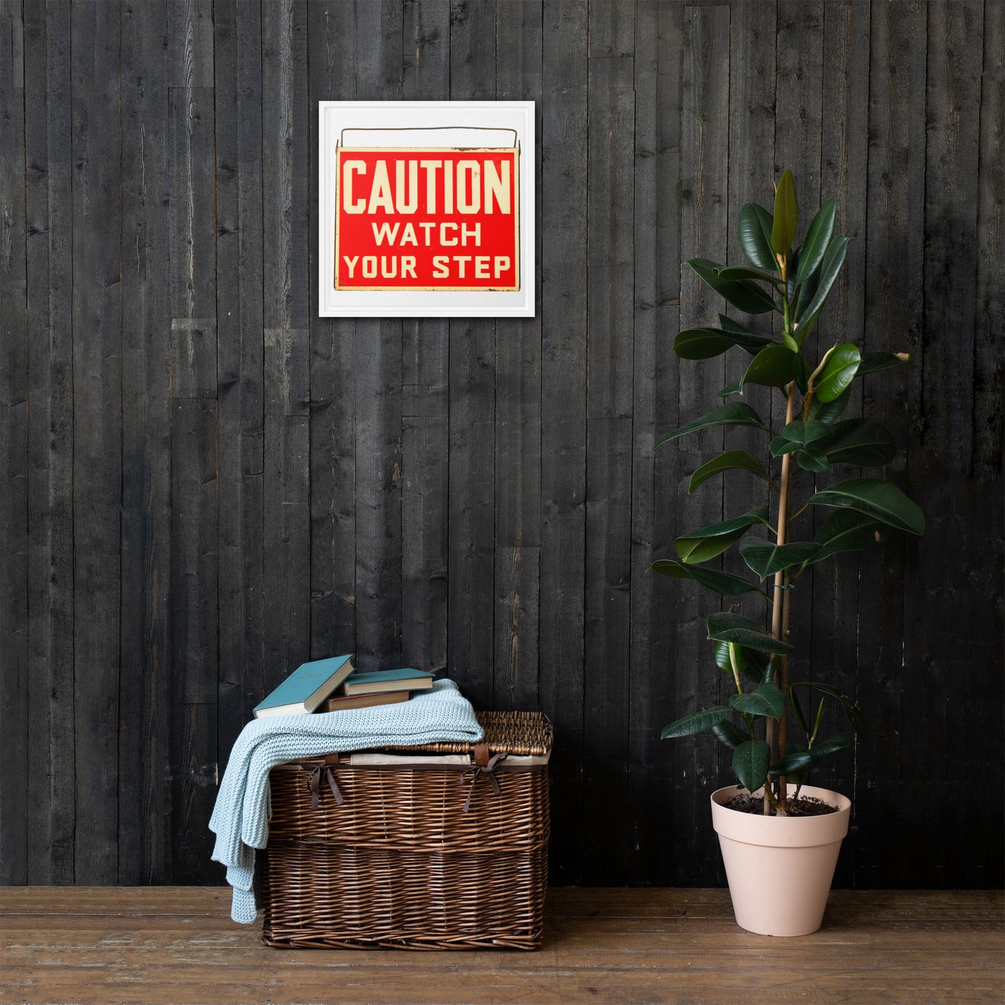 Vintage Wire Hung Caution Sign Framed canvas