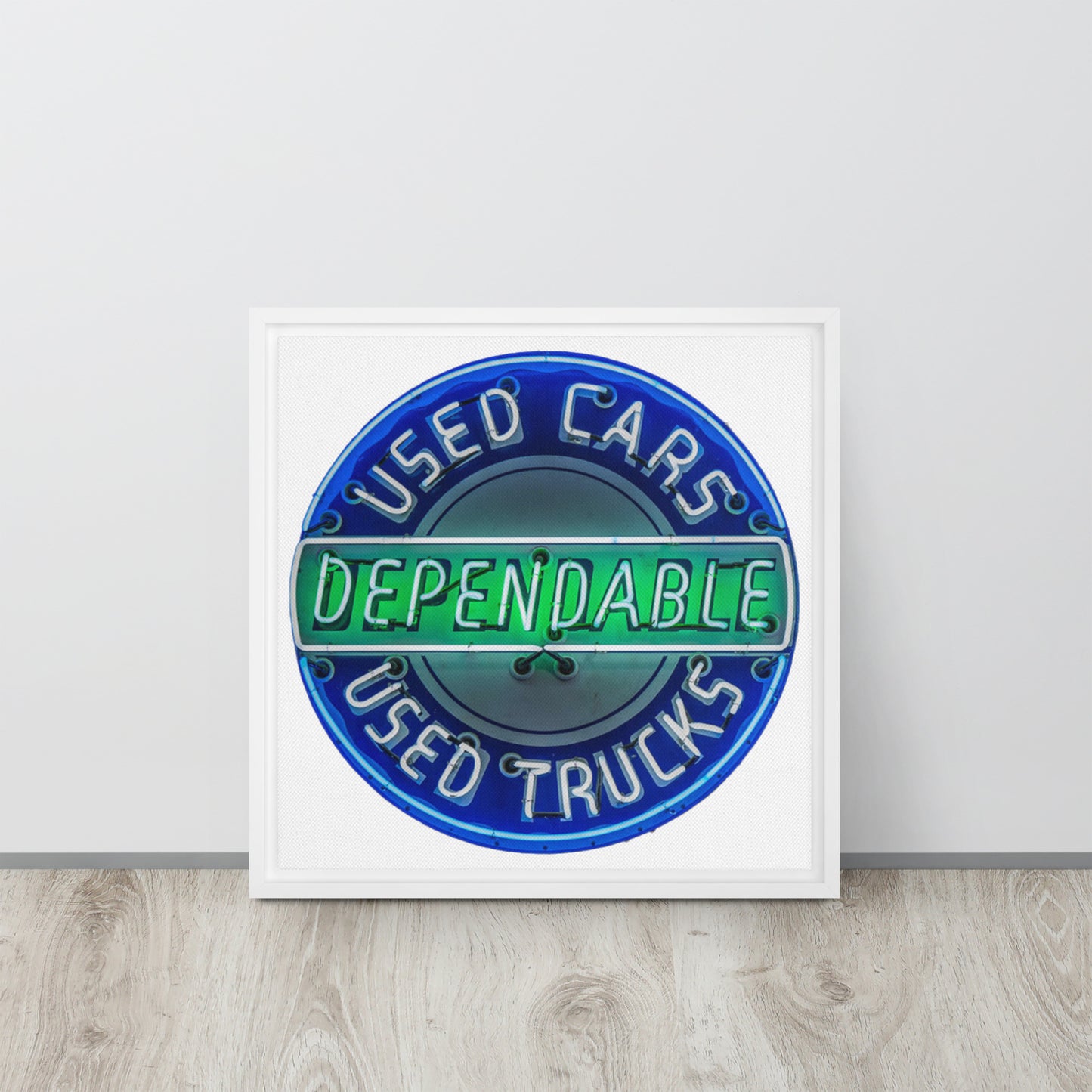 Retro Dependable Used Cars Neon Design Framed canvas