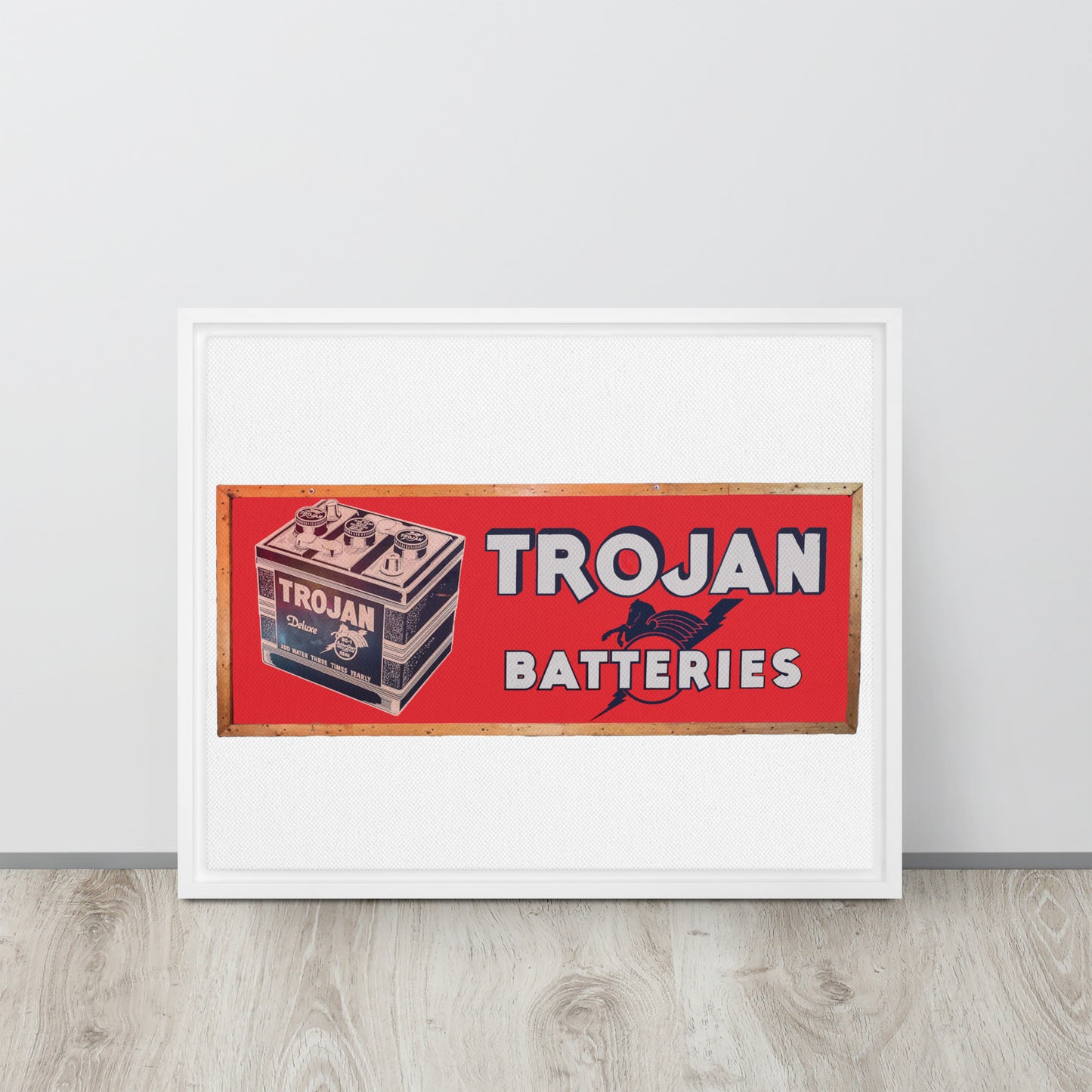 Vintage Trojan Battery Sign Framed canvas