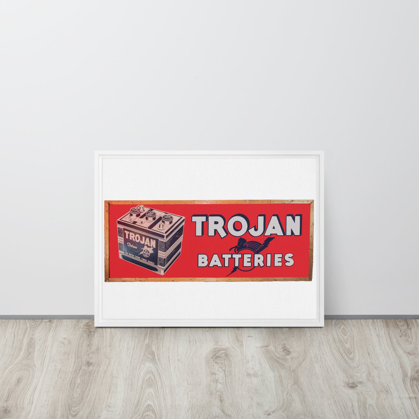 Vintage Trojan Battery Sign Framed canvas