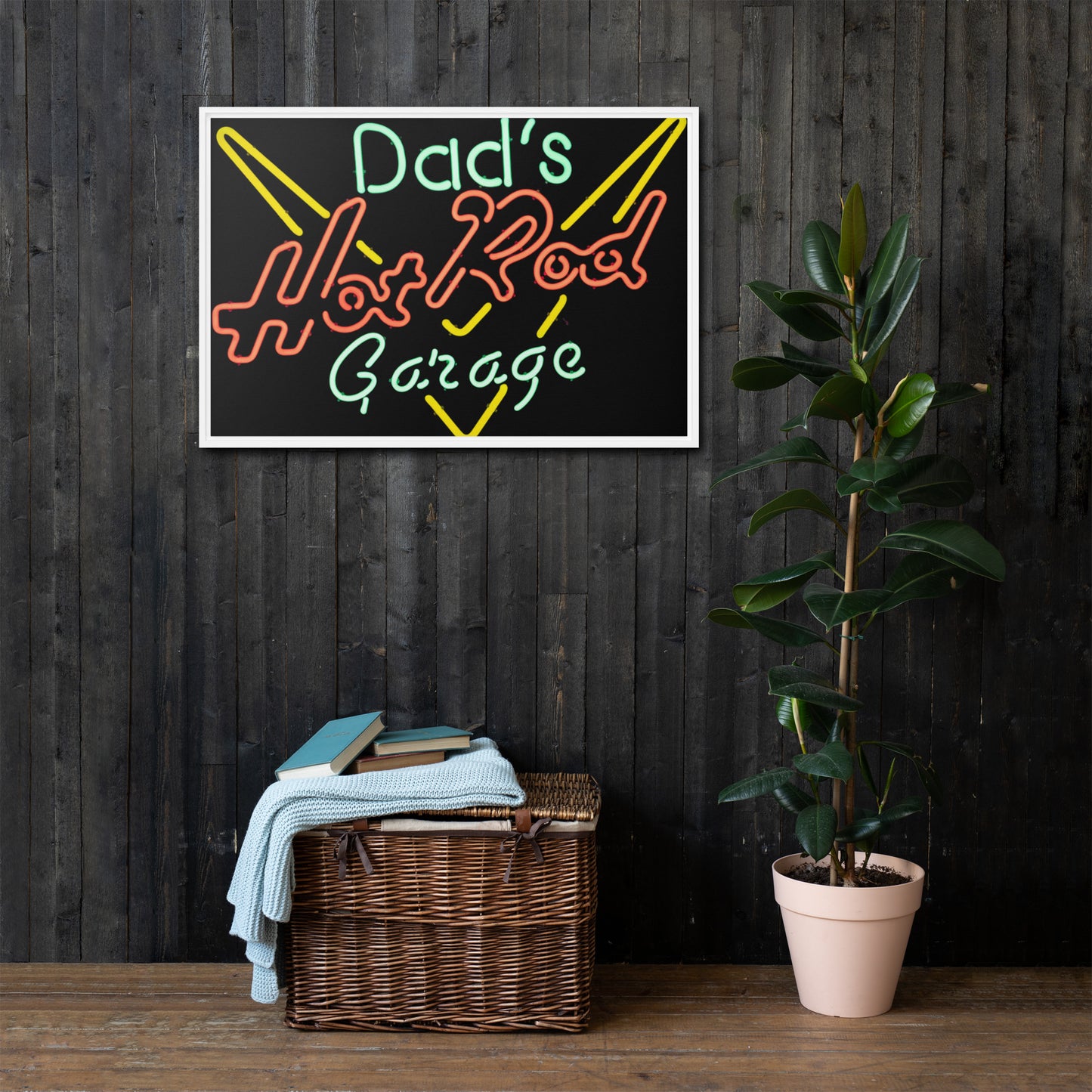 Dads Hot Rod Garage Retro Neon Sign Splatter Design Framed canvas