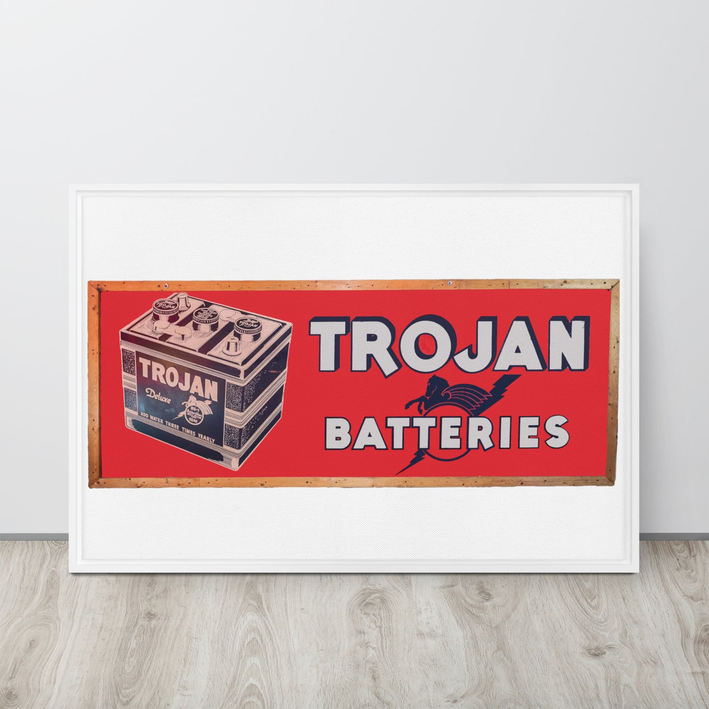 Vintage Trojan Battery Sign Framed canvas