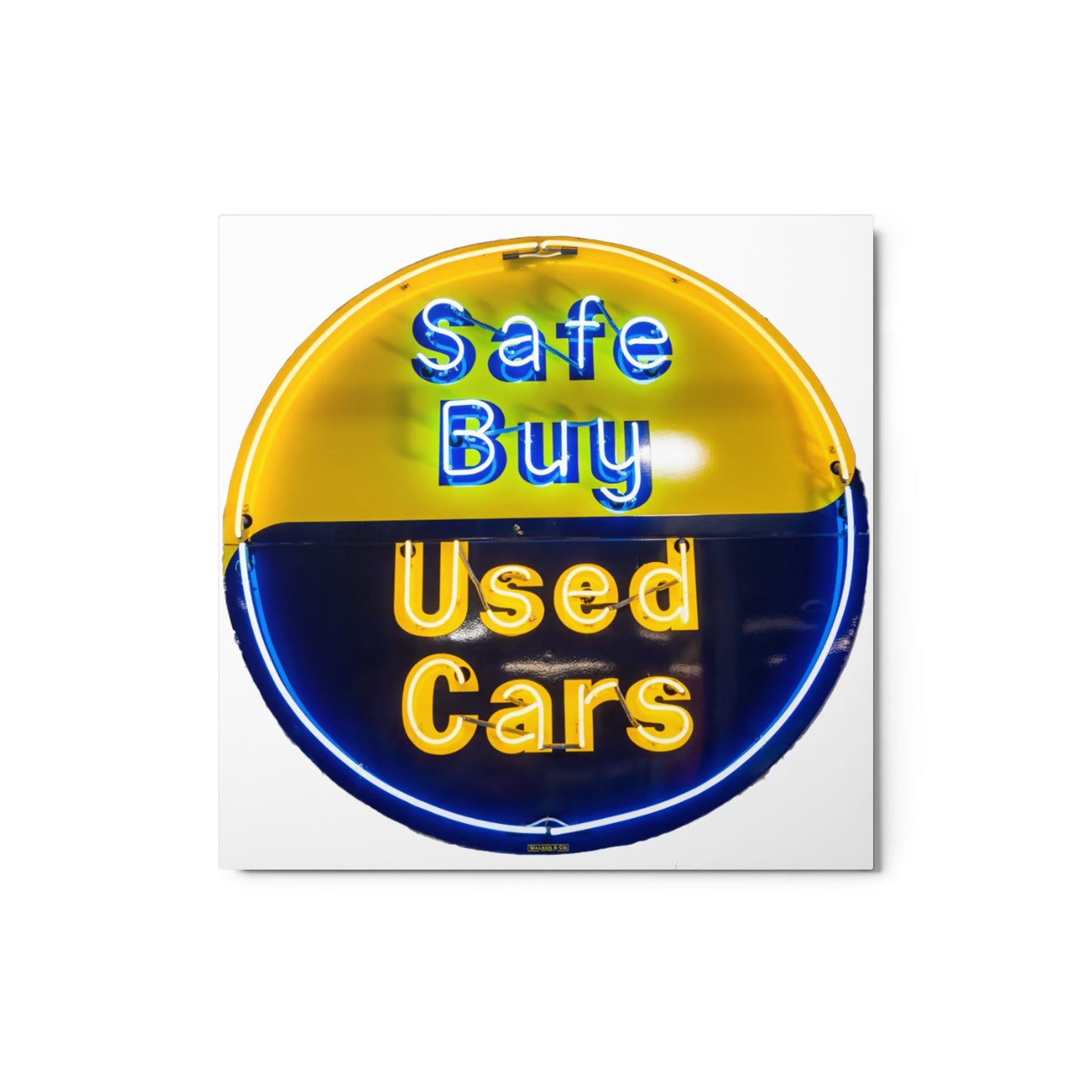 Buy Safe Vintage Used Car Sign Neon Style Metal prints