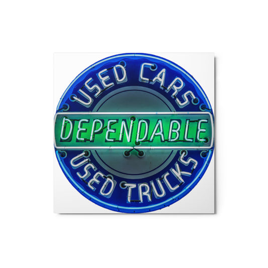 Retro Dependable Used Cars Neon Design Metal prints