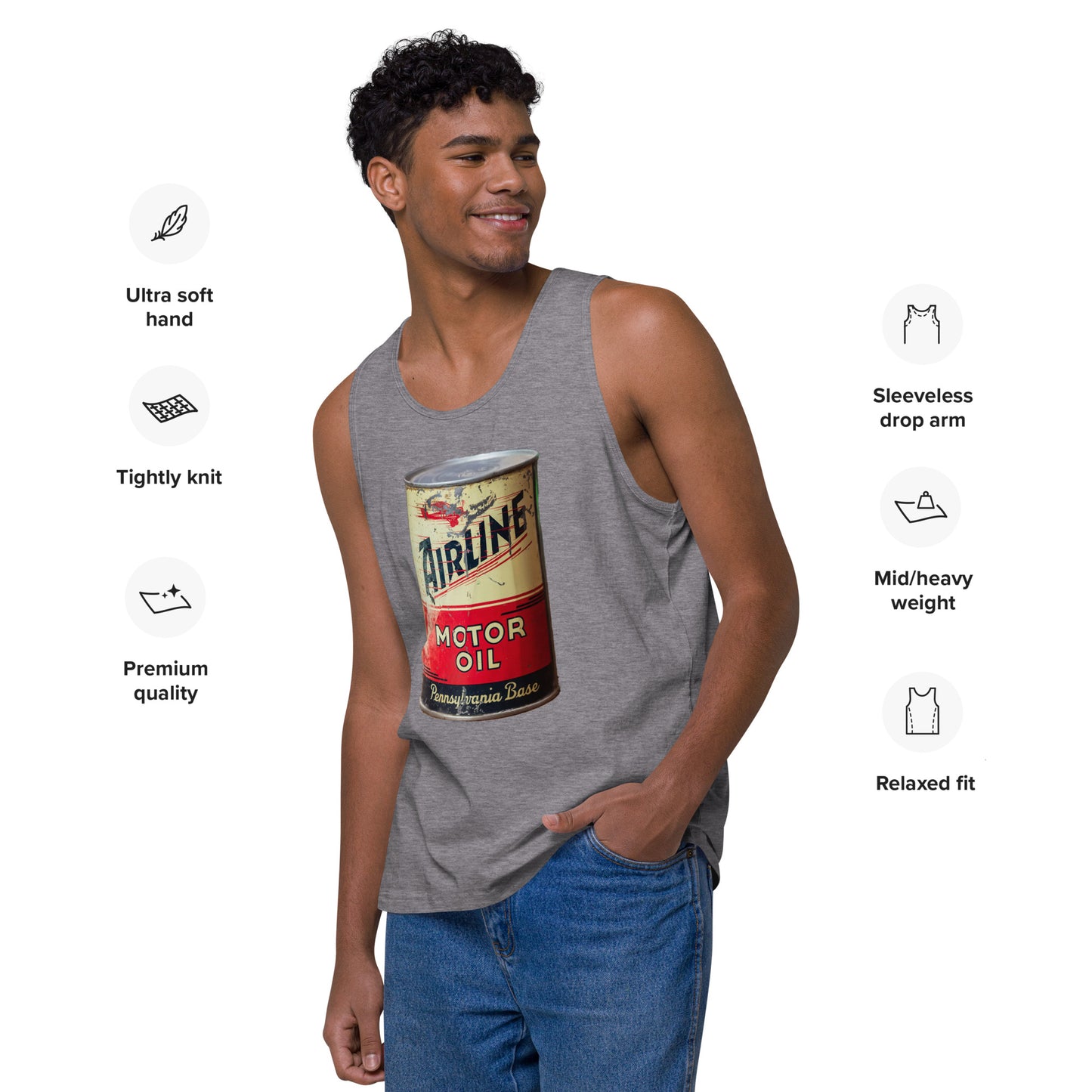 Aviation Oil Soup Can Style Men’s premium tank top