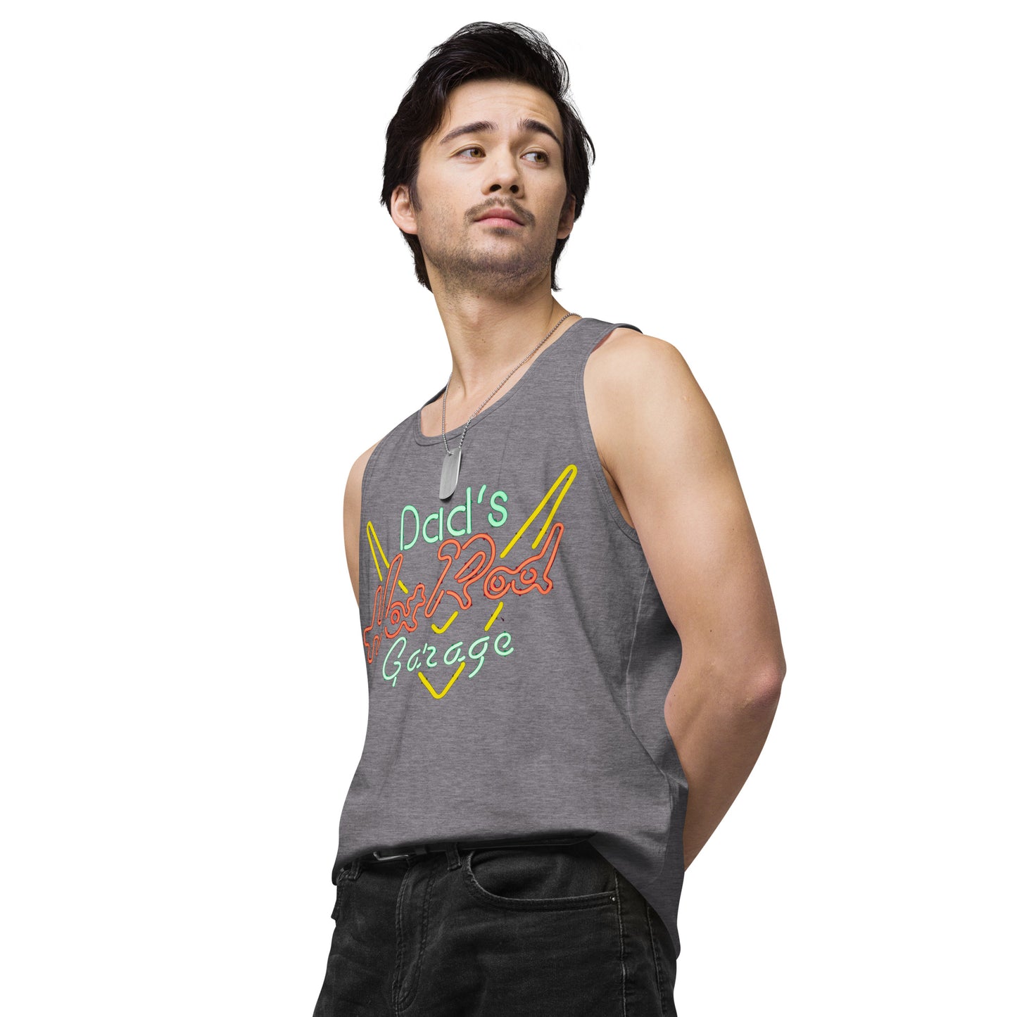 Dads Hot Rod Garage Retro Neon Sign Splatter Design Men’s premium tank top