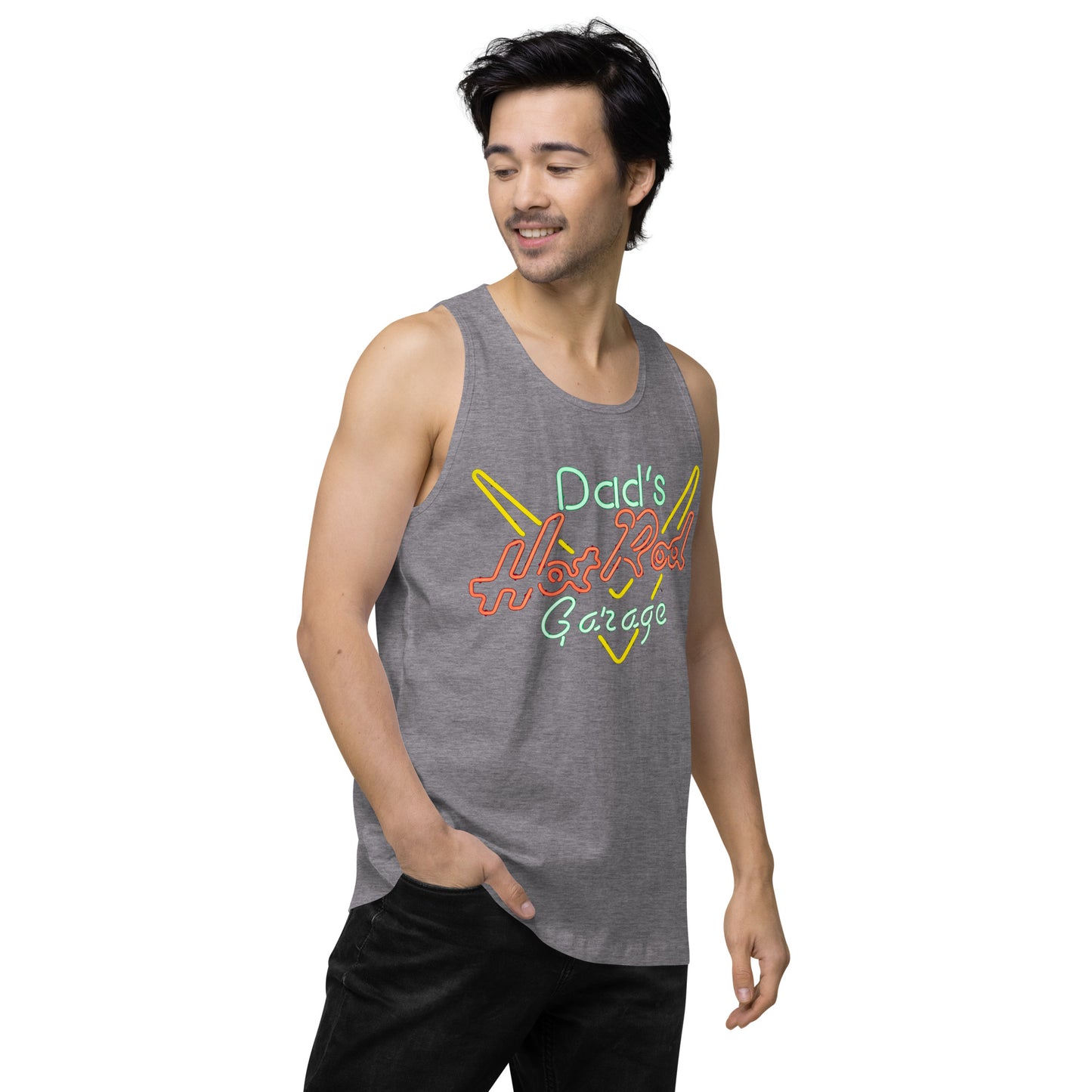 Dads Hot Rod Garage Retro Neon Sign Splatter Design Men’s premium tank top