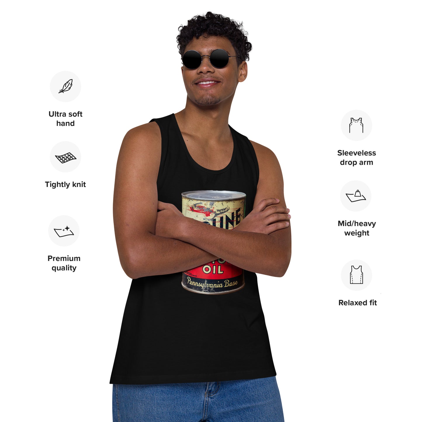 Aviation Oil Soup Can Style Men’s premium tank top