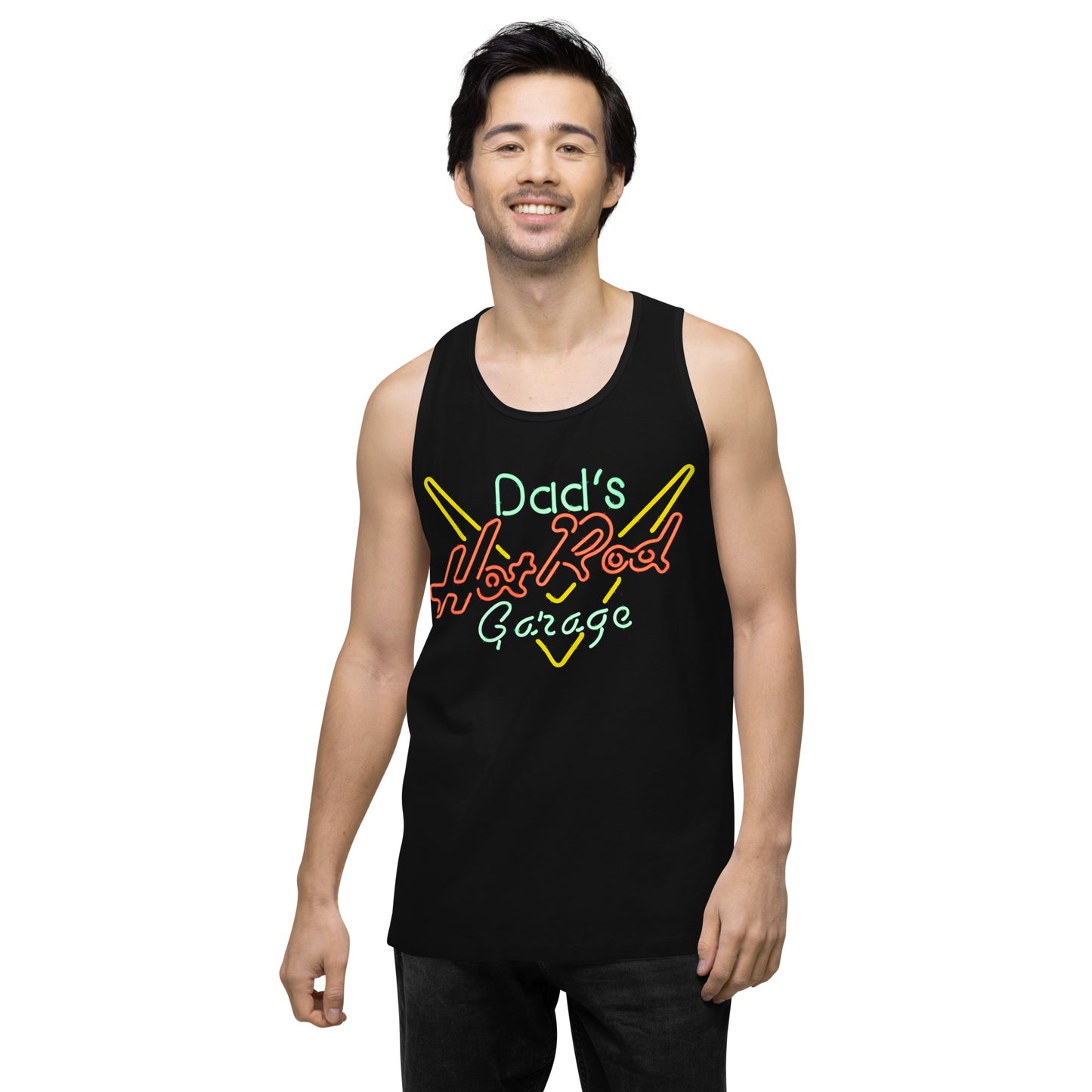 Dads Hot Rod Garage Retro Neon Sign Splatter Design Men’s premium tank top