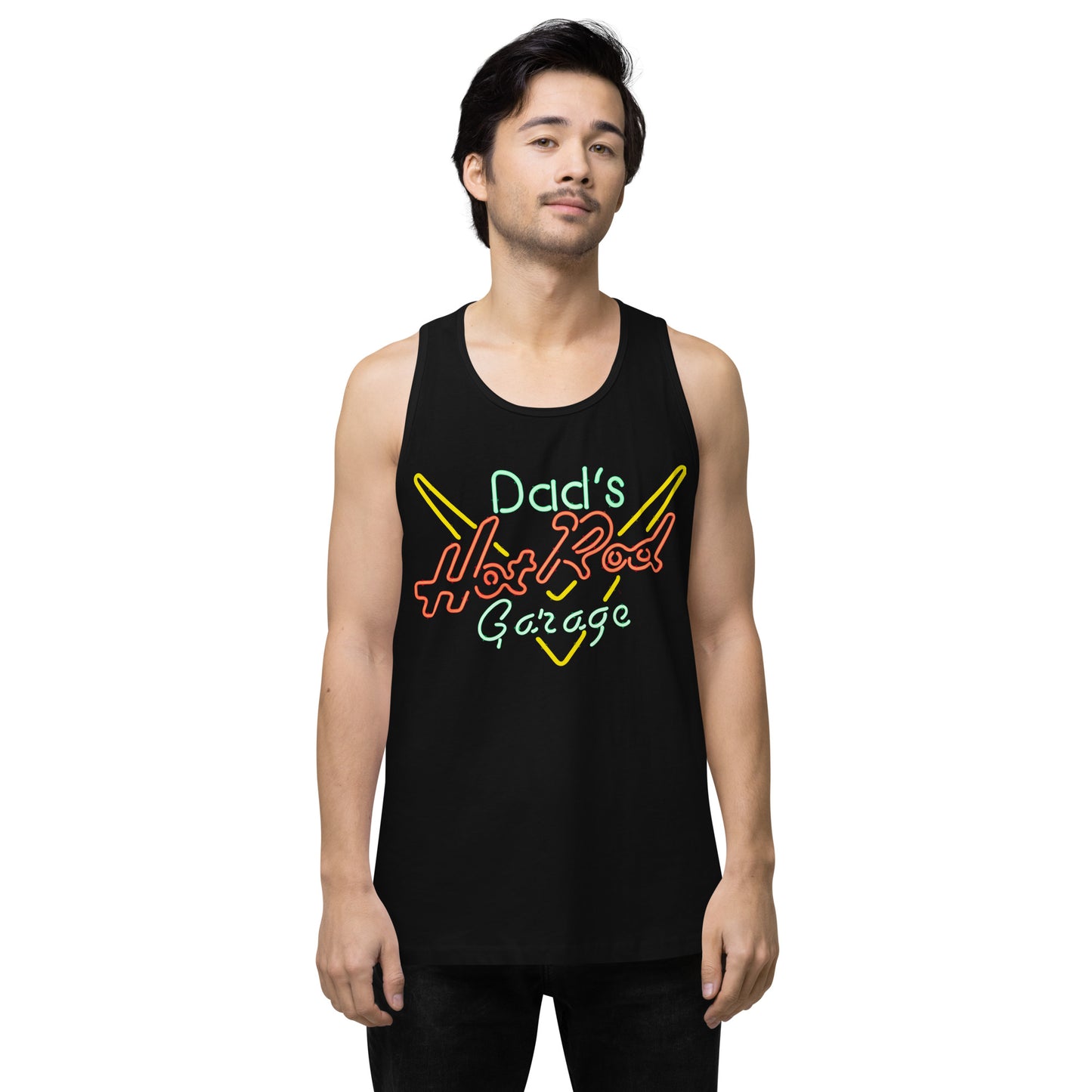 Dads Hot Rod Garage Retro Neon Sign Splatter Design Men’s premium tank top