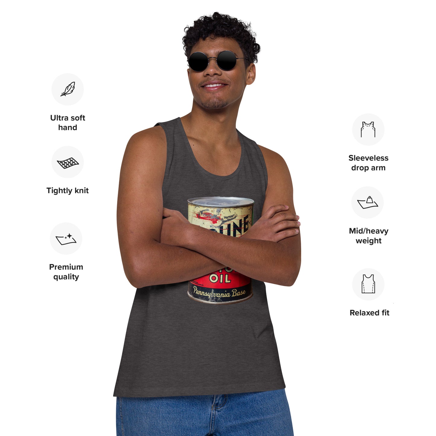 Aviation Oil Soup Can Style Men’s premium tank top