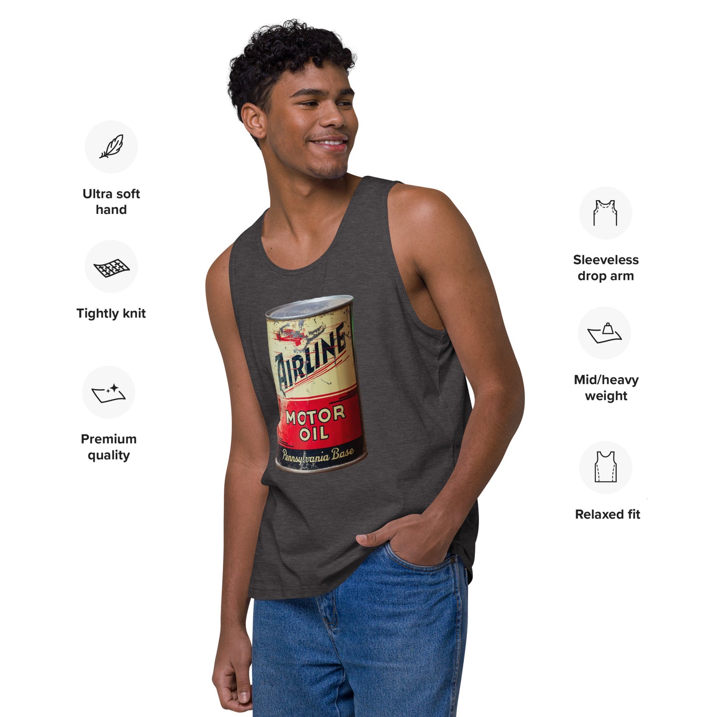 Aviation Oil Soup Can Style Men’s premium tank top