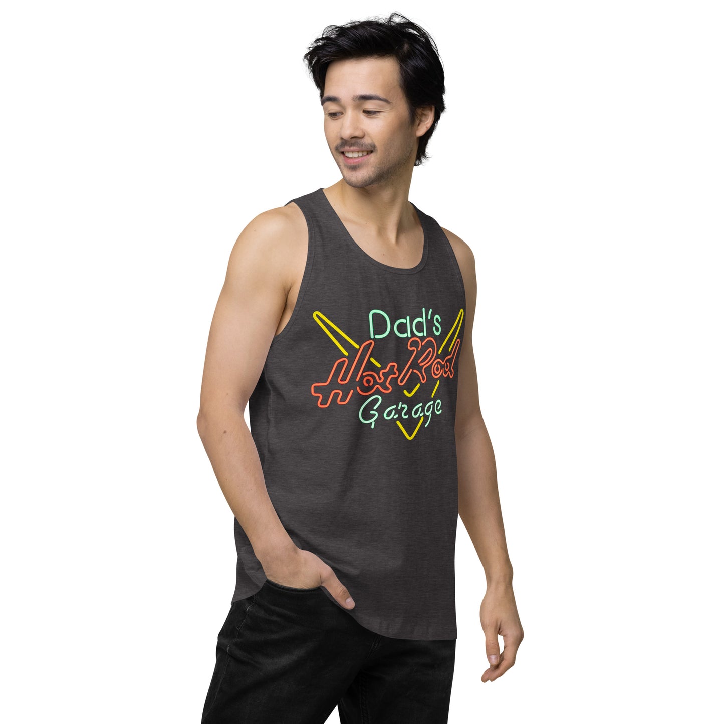 Dads Hot Rod Garage Retro Neon Sign Splatter Design Men’s premium tank top