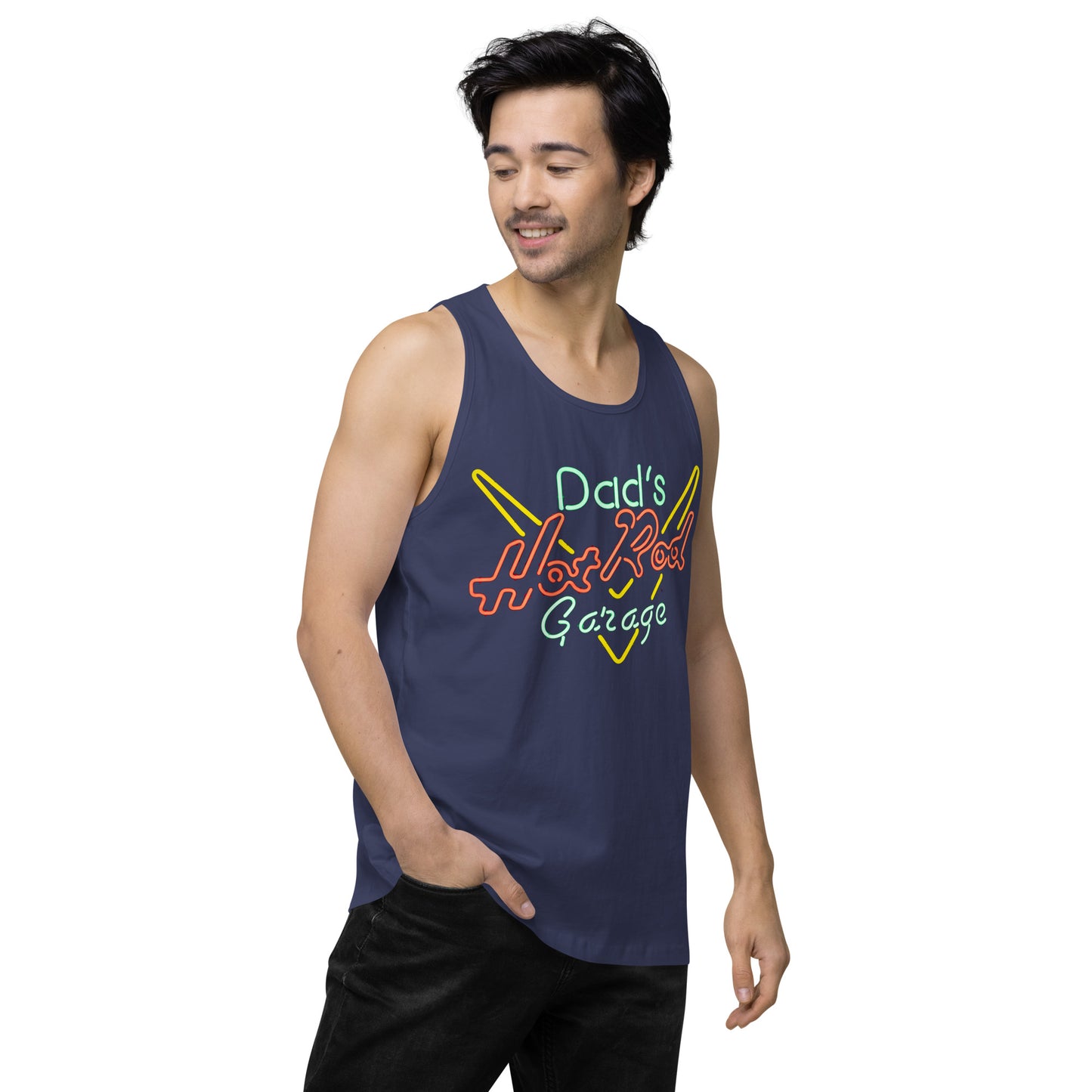 Dads Hot Rod Garage Retro Neon Sign Splatter Design Men’s premium tank top