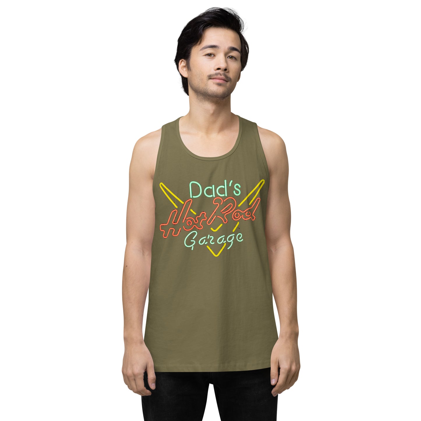 Dads Hot Rod Garage Retro Neon Sign Splatter Design Men’s premium tank top