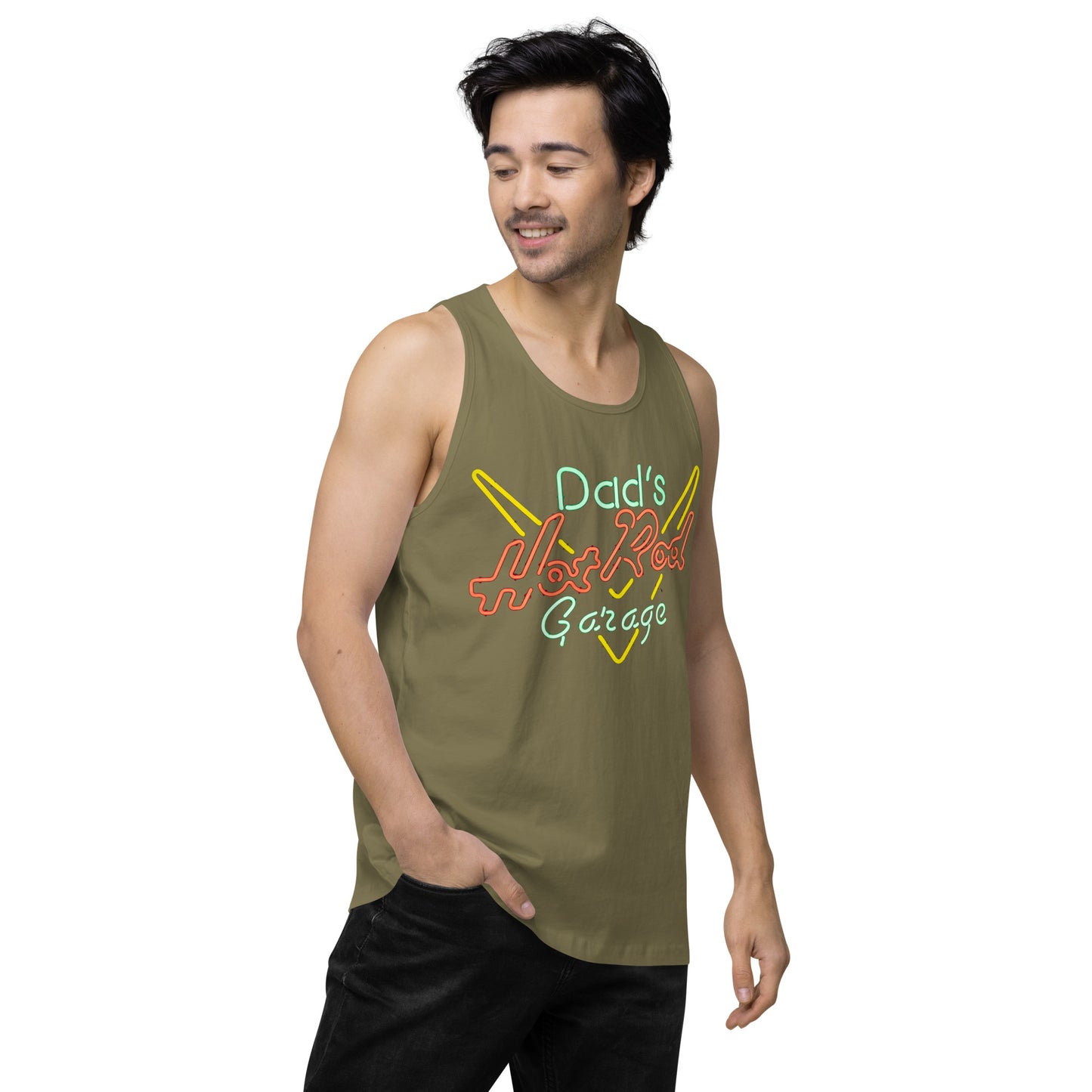 Dads Hot Rod Garage Retro Neon Sign Splatter Design Men’s premium tank top