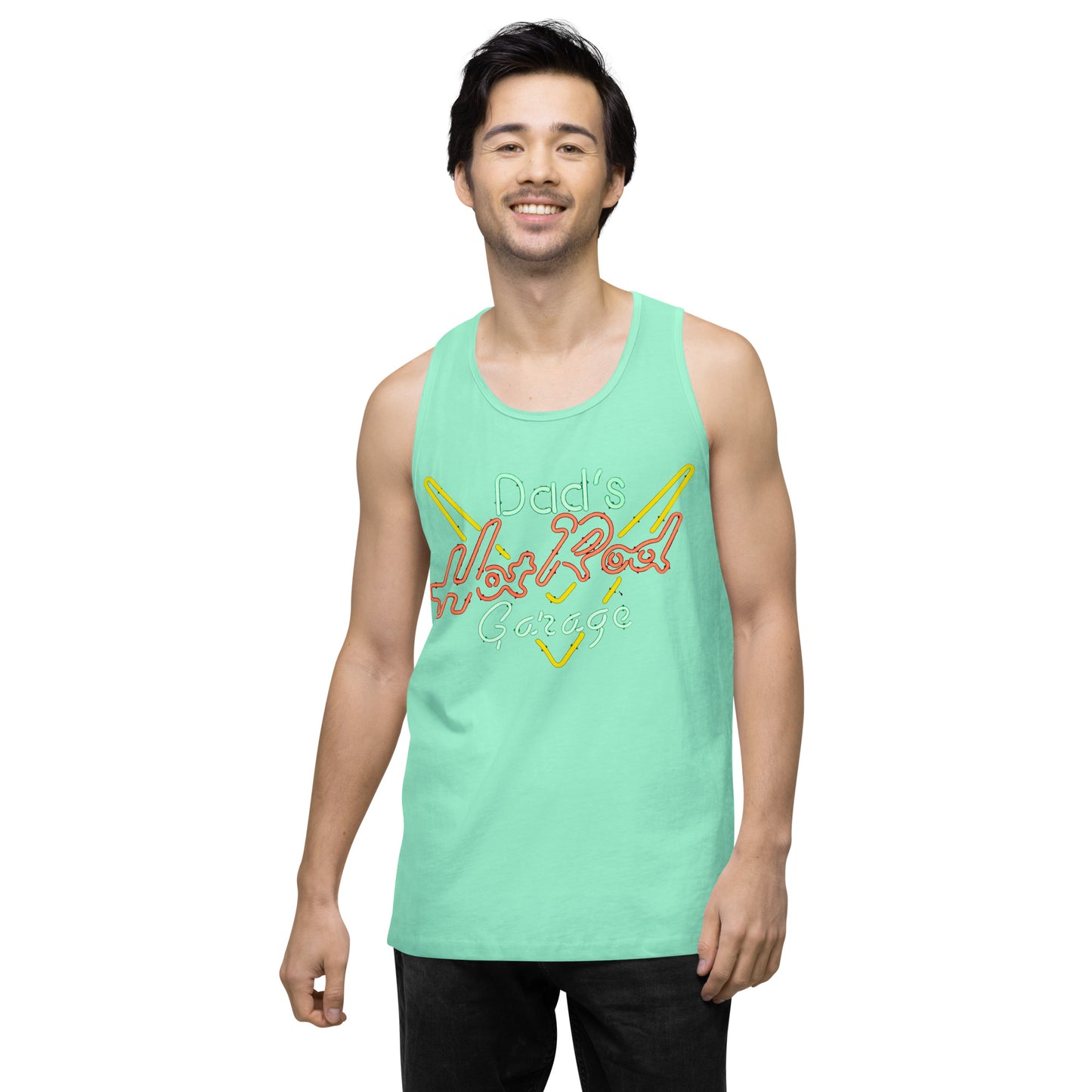 Dads Hot Rod Garage Retro Neon Sign Splatter Design Men’s premium tank top