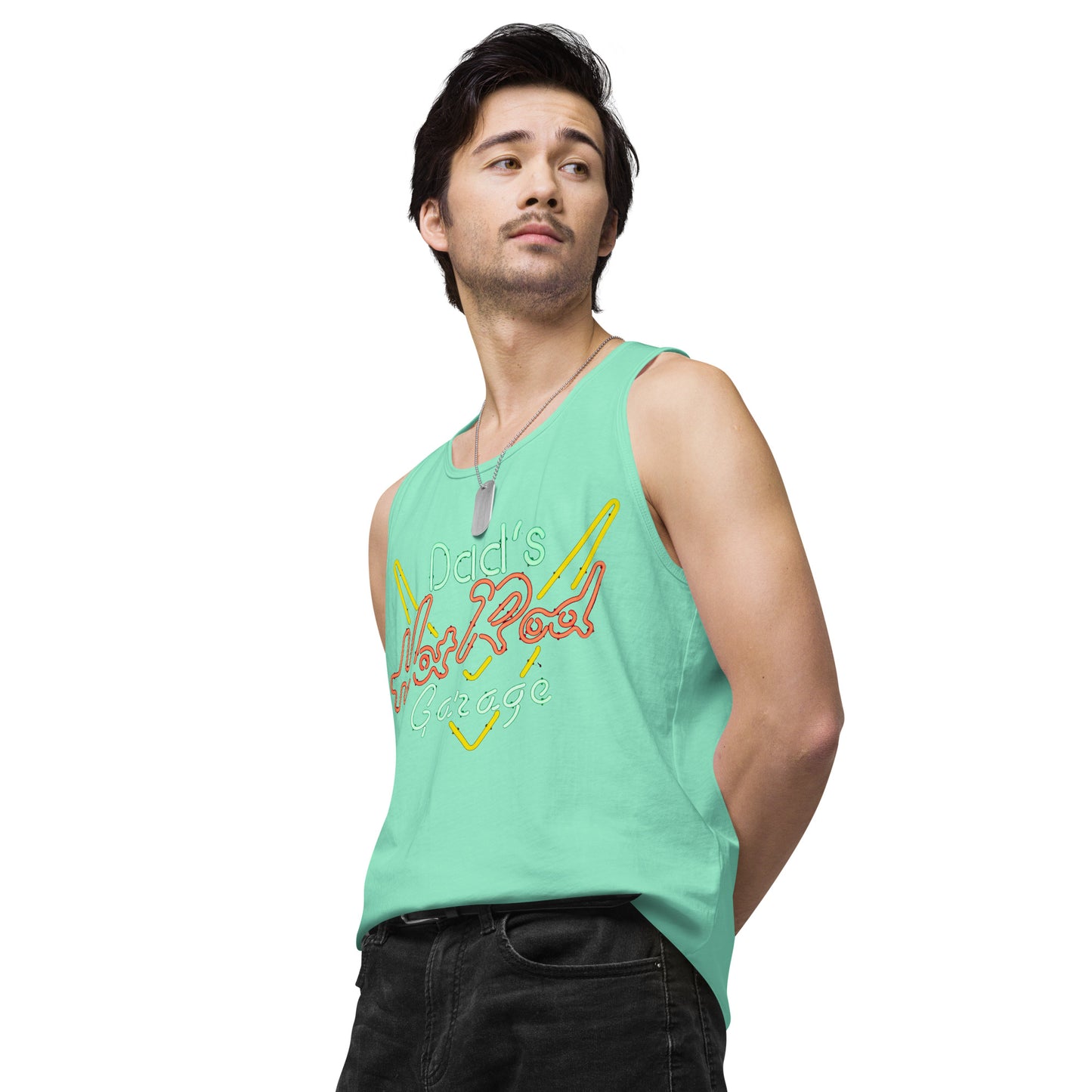 Dads Hot Rod Garage Retro Neon Sign Splatter Design Men’s premium tank top