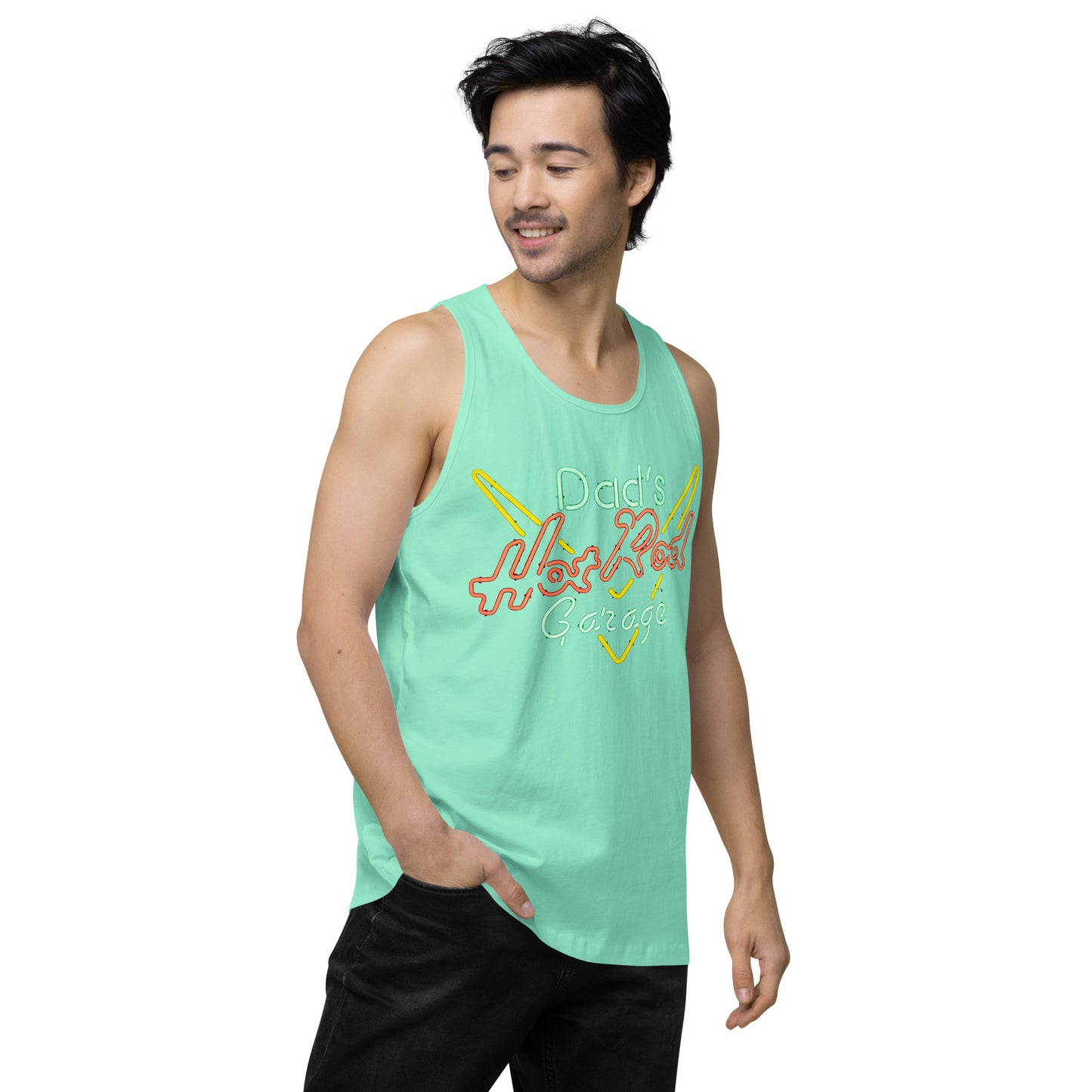 Dads Hot Rod Garage Retro Neon Sign Splatter Design Men’s premium tank top