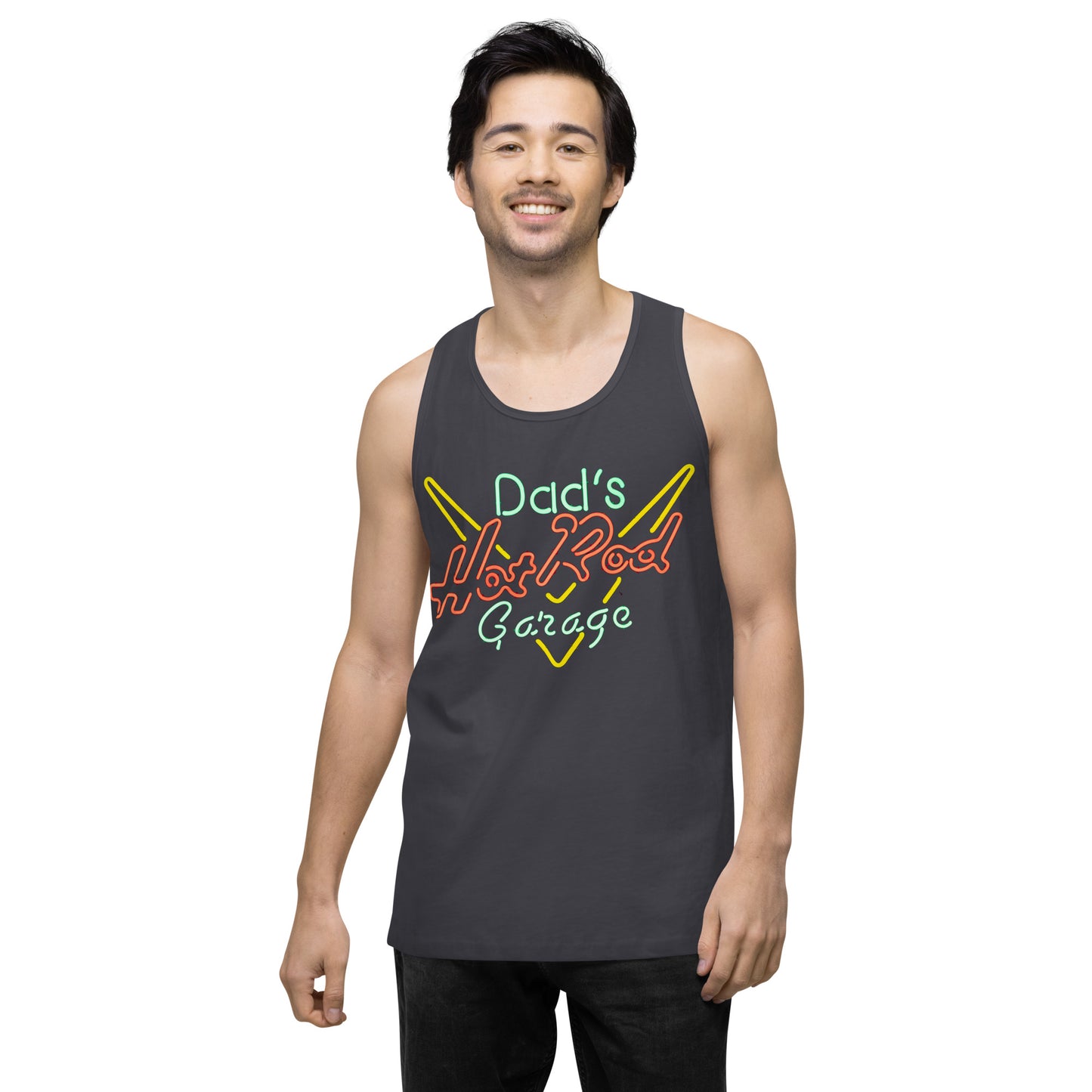 Dads Hot Rod Garage Retro Neon Sign Splatter Design Men’s premium tank top