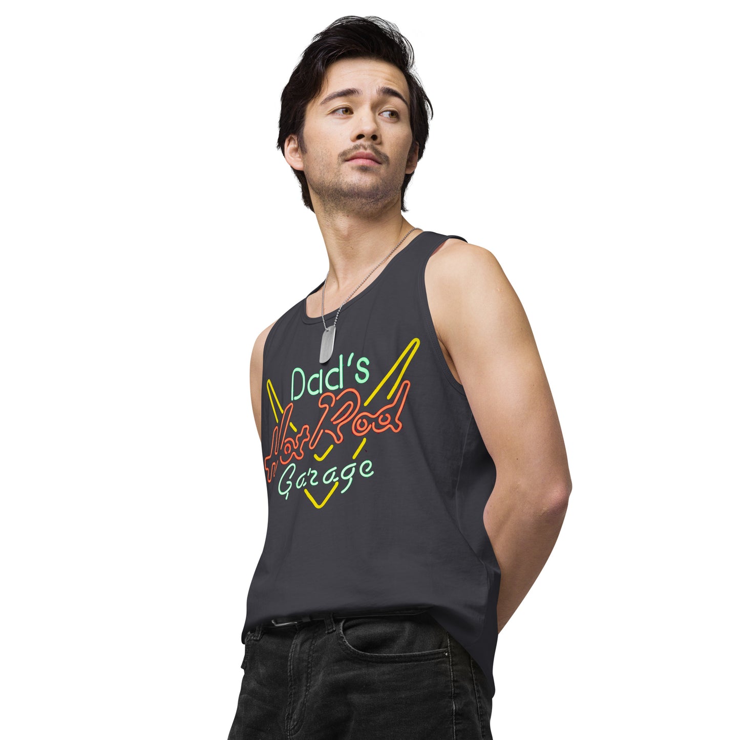 Dads Hot Rod Garage Retro Neon Sign Splatter Design Men’s premium tank top