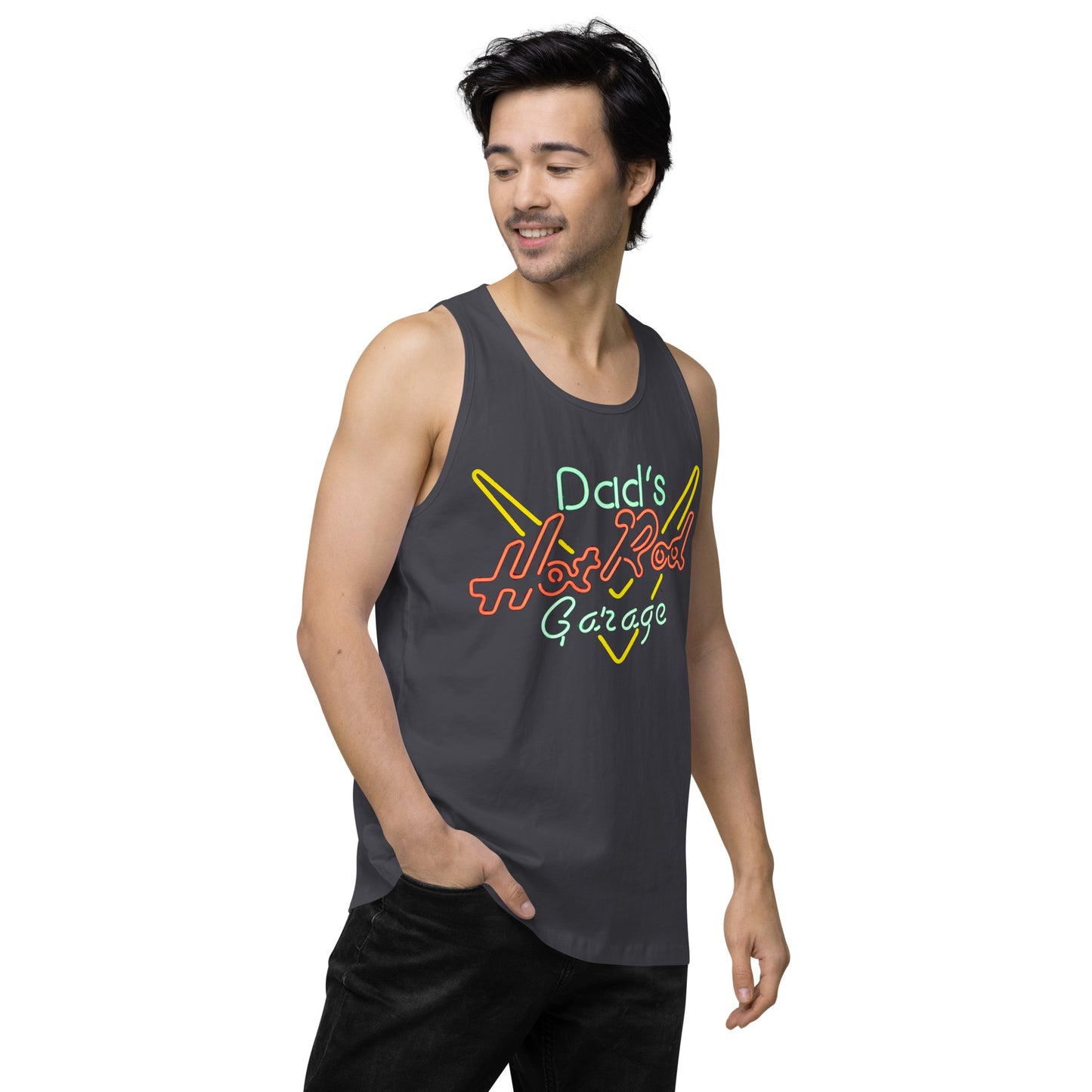 Dads Hot Rod Garage Retro Neon Sign Splatter Design Men’s premium tank top