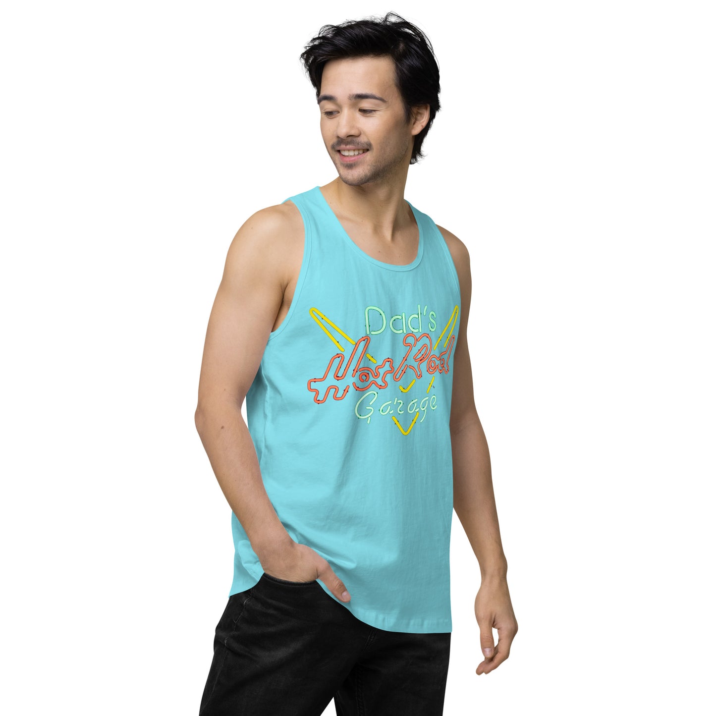 Dads Hot Rod Garage Retro Neon Sign Splatter Design Men’s premium tank top