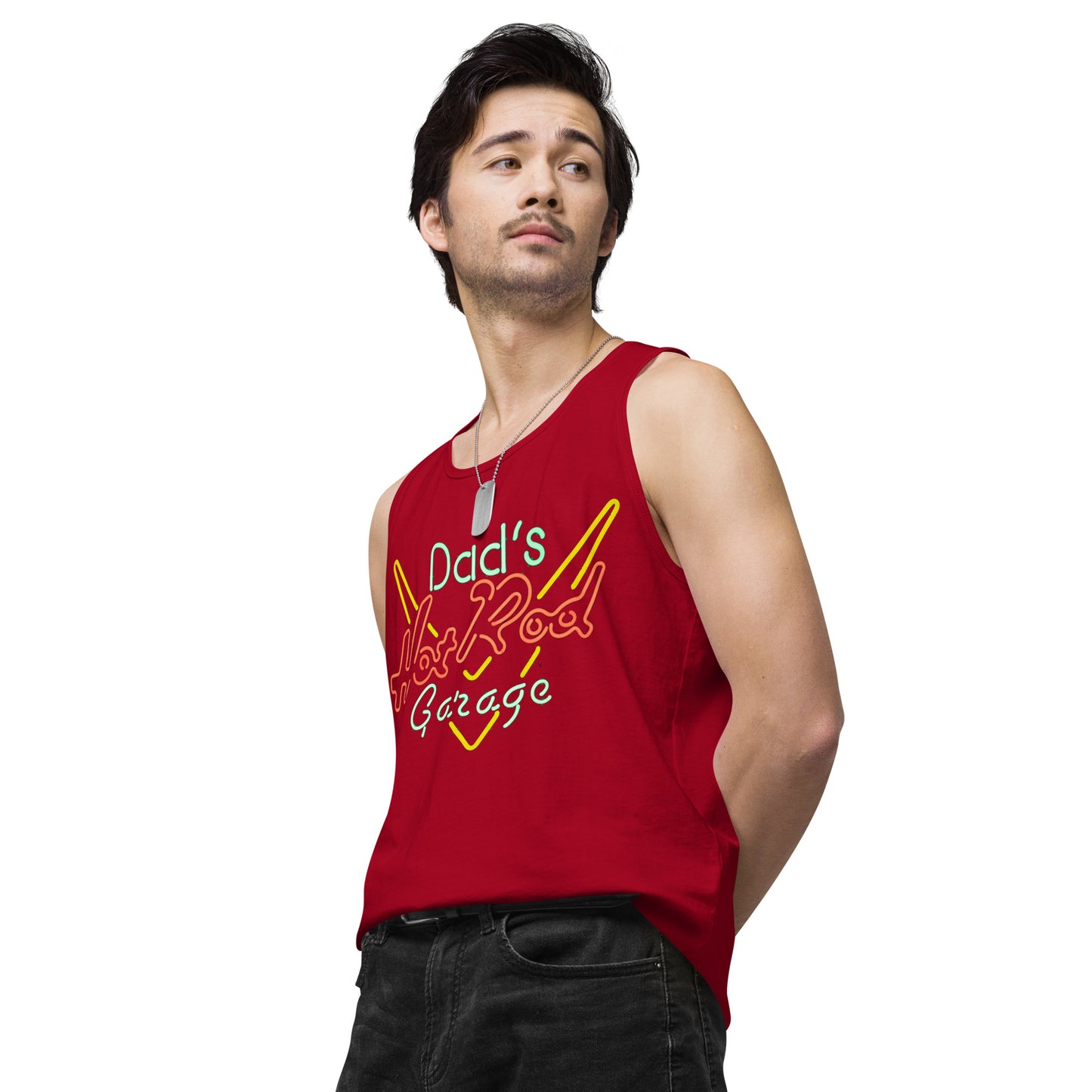 Dads Hot Rod Garage Retro Neon Sign Splatter Design Men’s premium tank top