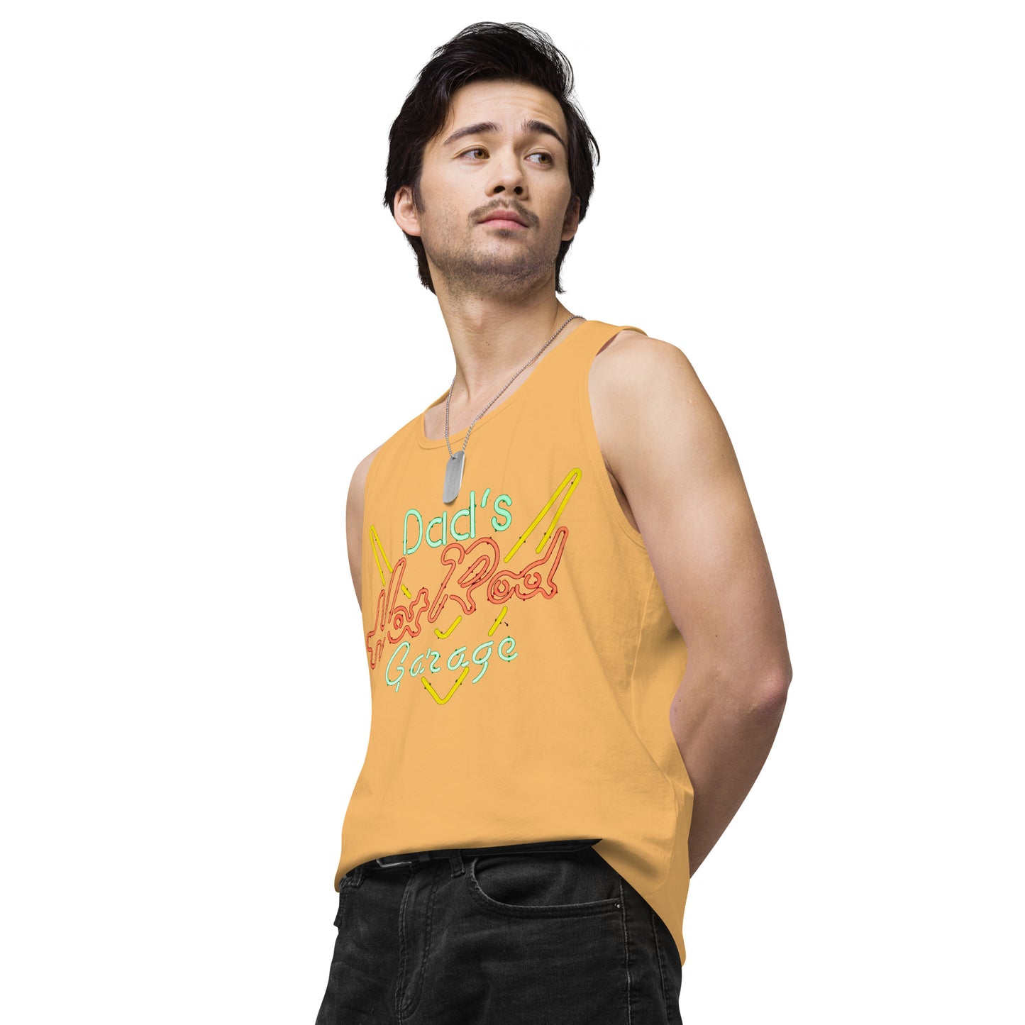 Dads Hot Rod Garage Retro Neon Sign Splatter Design Men’s premium tank top