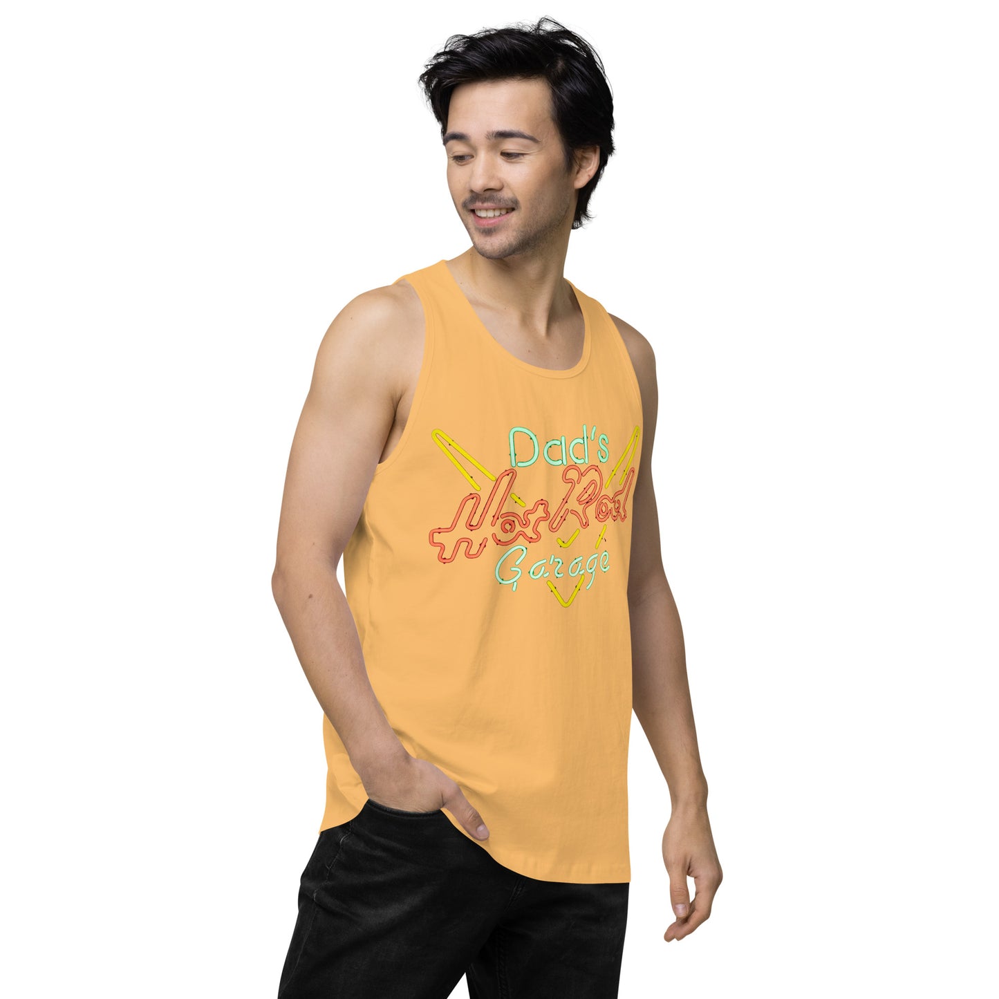 Dads Hot Rod Garage Retro Neon Sign Splatter Design Men’s premium tank top