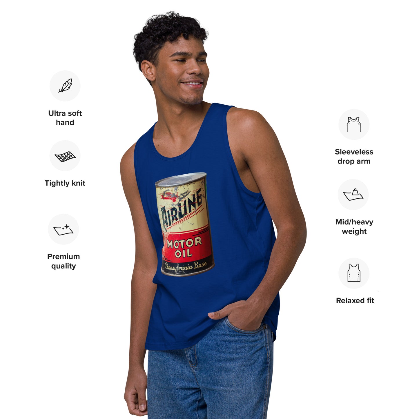 Aviation Oil Soup Can Style Men’s premium tank top