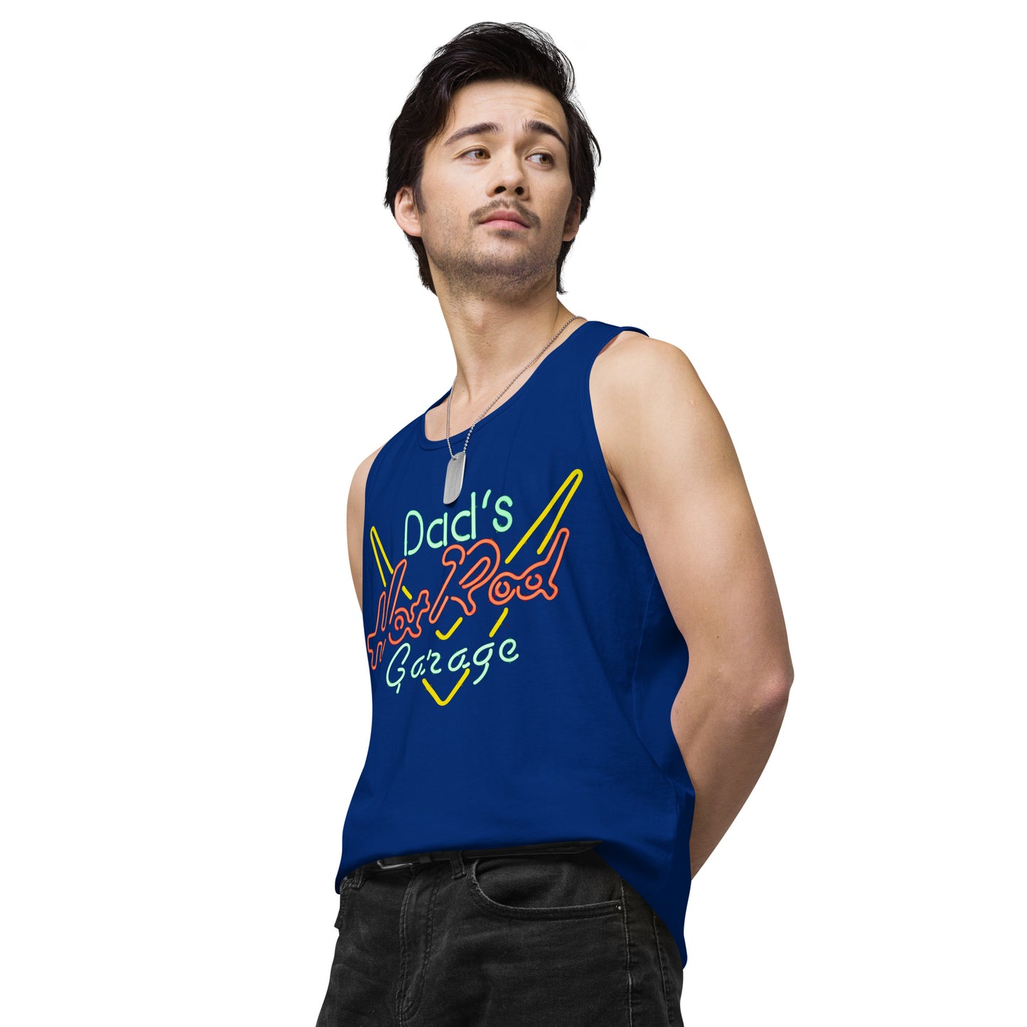 Dads Hot Rod Garage Retro Neon Sign Splatter Design Men’s premium tank top