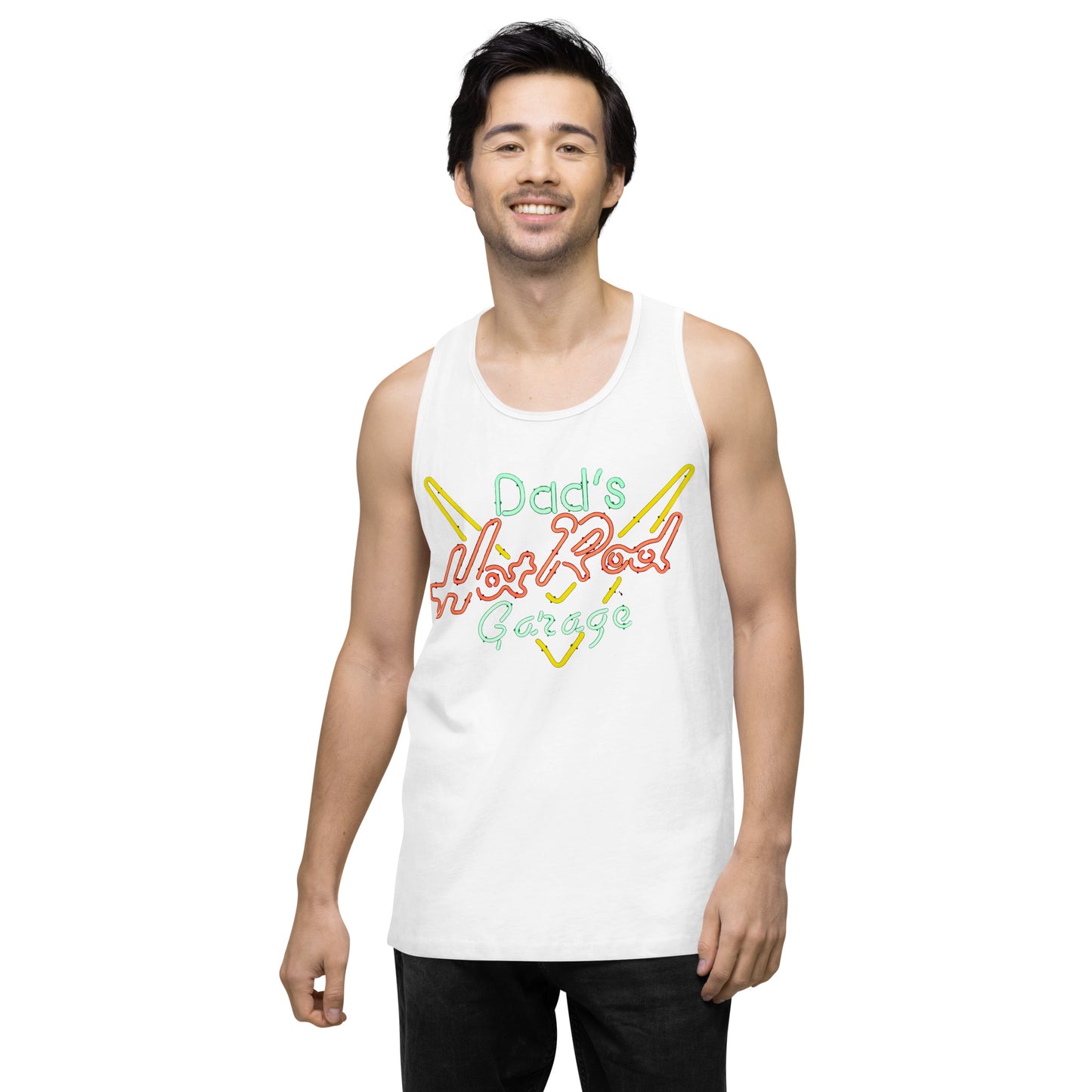 Dads Hot Rod Garage Retro Neon Sign Splatter Design Men’s premium tank top