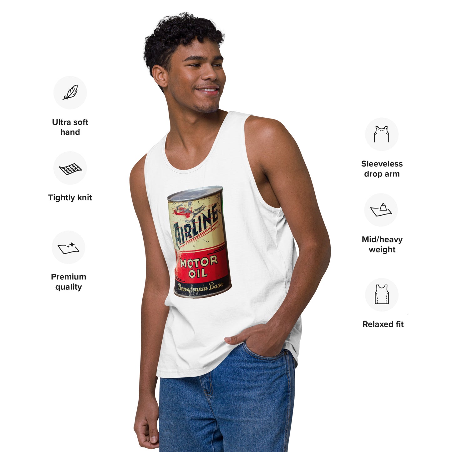 Aviation Oil Soup Can Style Men’s premium tank top