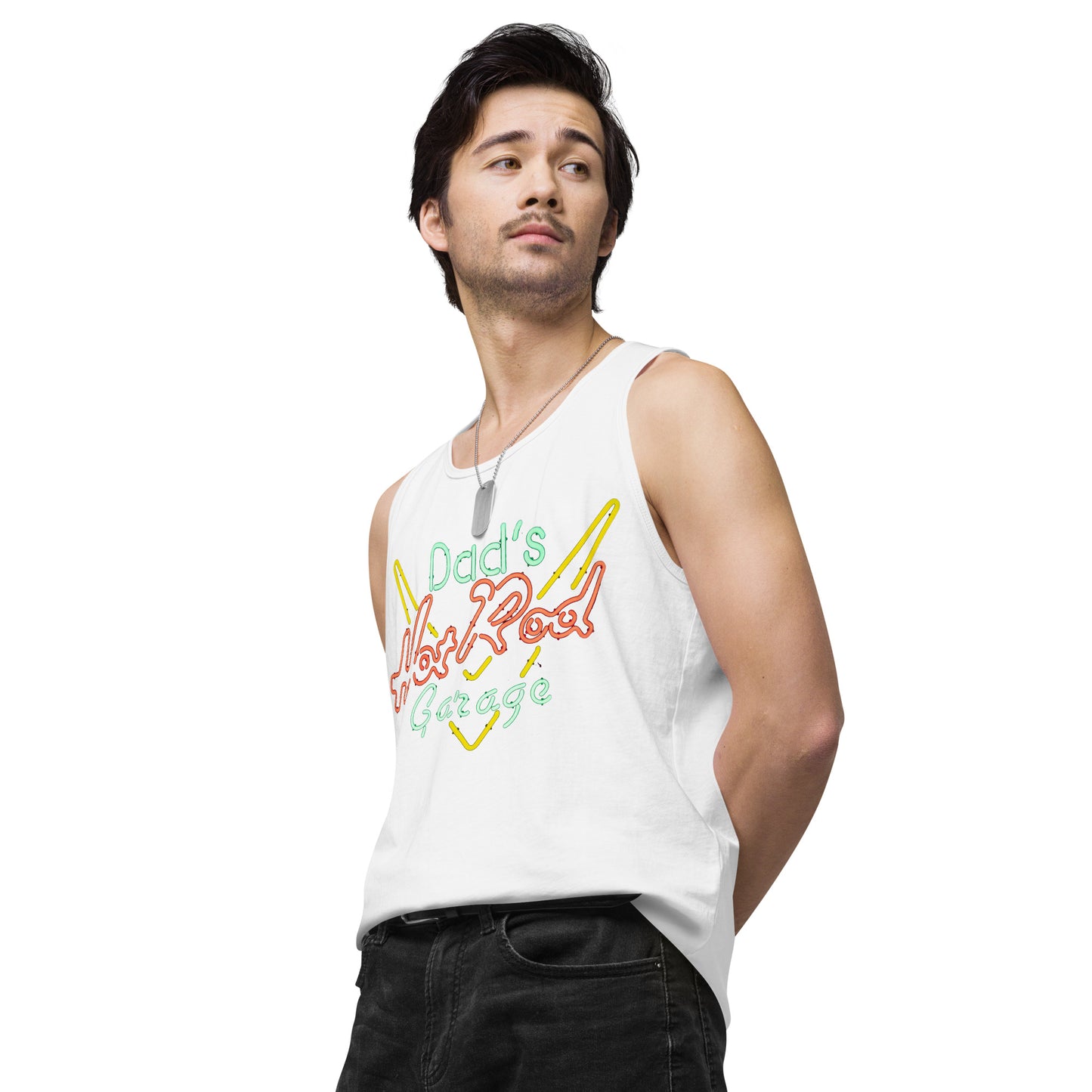 Dads Hot Rod Garage Retro Neon Sign Splatter Design Men’s premium tank top