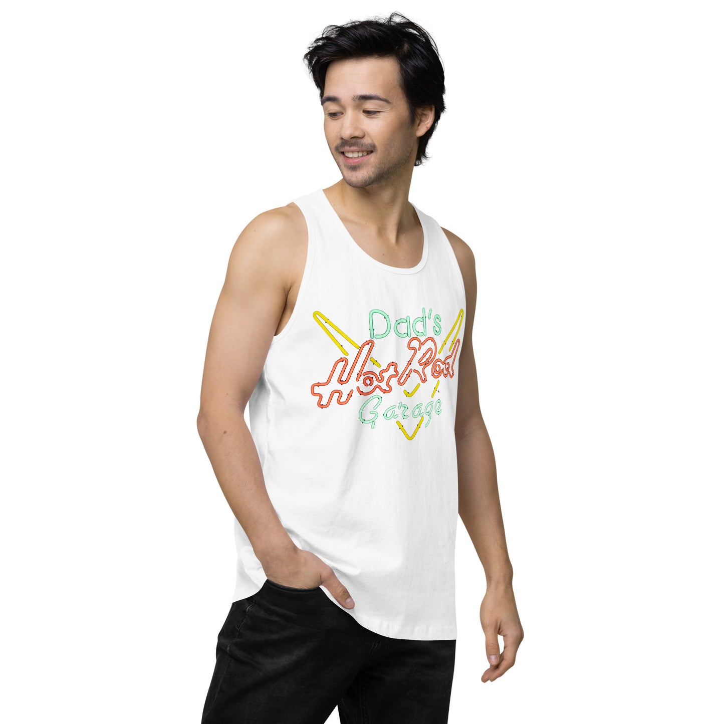 Dads Hot Rod Garage Retro Neon Sign Splatter Design Men’s premium tank top