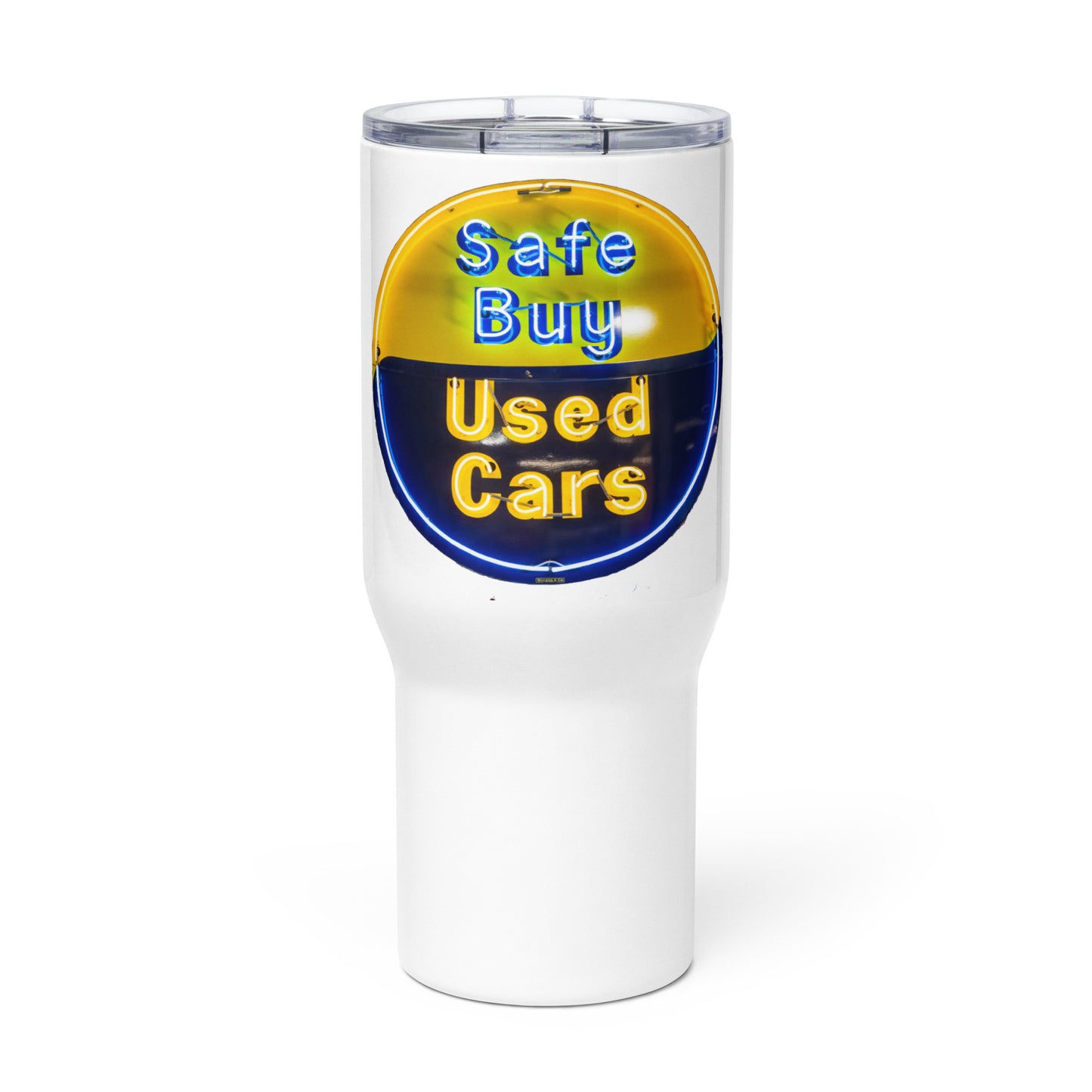 Buy Safe Vintage Used Car Sign Neon Style Travel mug with a handle