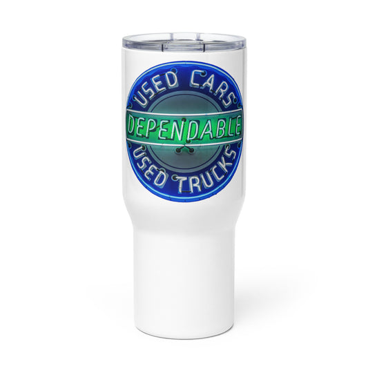 Retro Dependable Used Cars Neon Design Travel mug with a handle