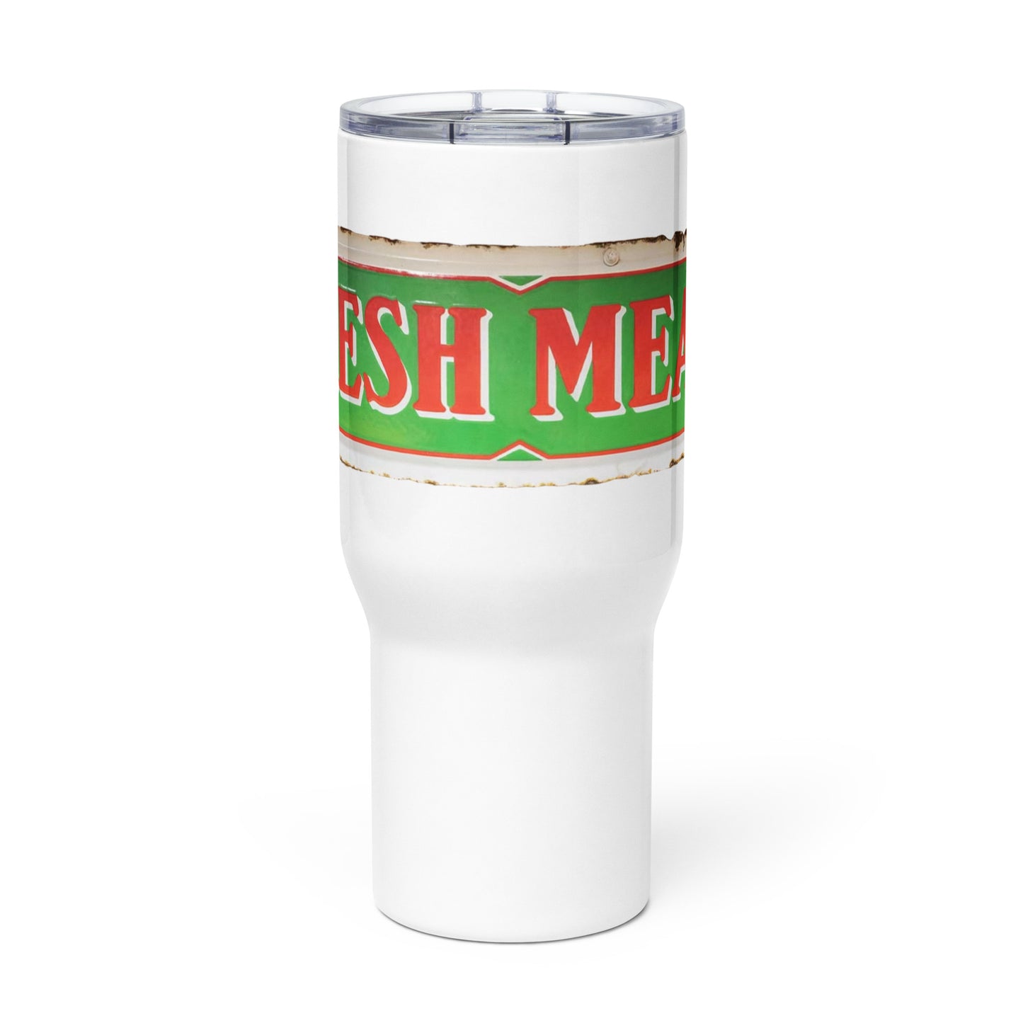 Vintage Fresh Meat Sign Porcelain Style Travel mug with a handle