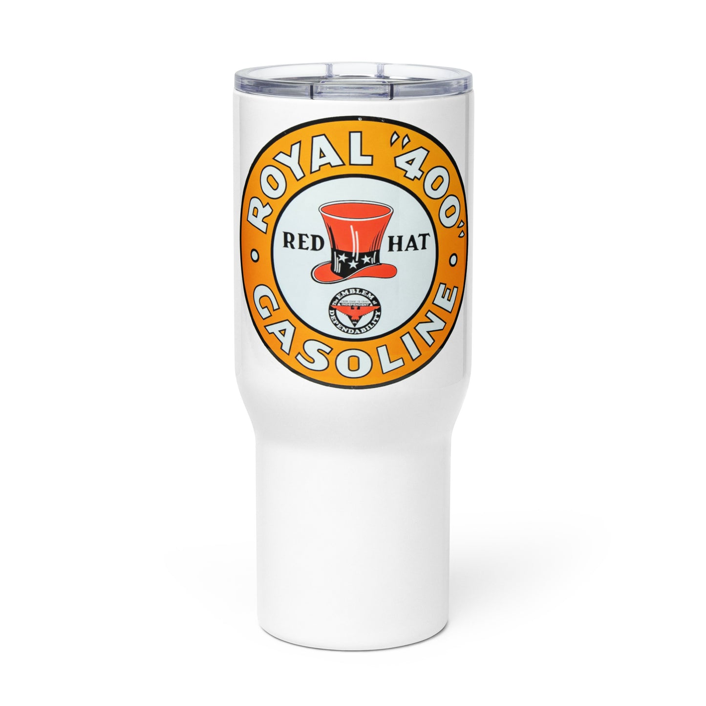 Vintage Red Hat Gas Travel mug with a handle