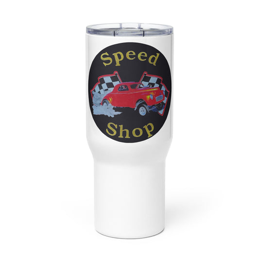 Retro Speed Shop Tin Style Travel mug with a handle