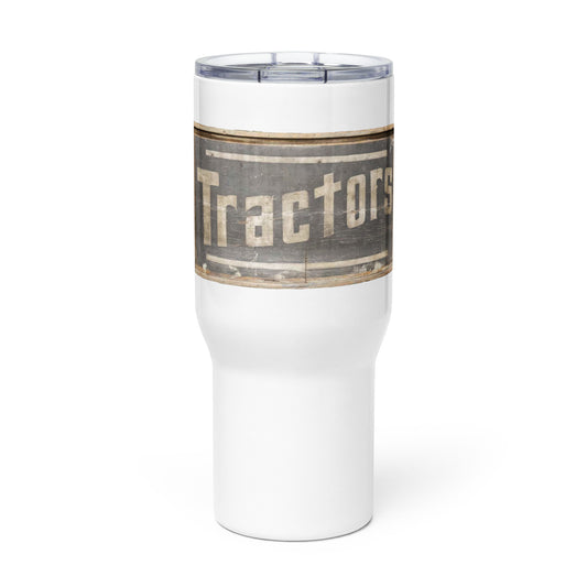 Retro Tractors Sign Wood Style Travel mug with a handle