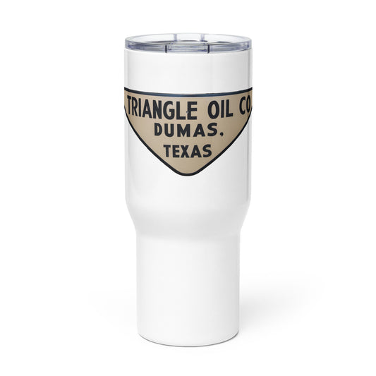 Retro Triangle Oil Company Tin Style Travel mug with a handle