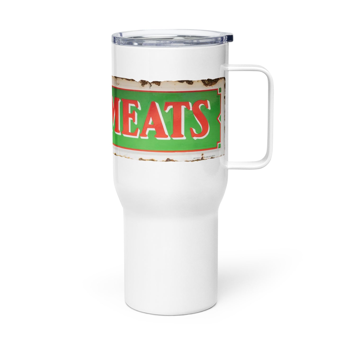 Vintage Fresh Meat Sign Porcelain Style Travel mug with a handle