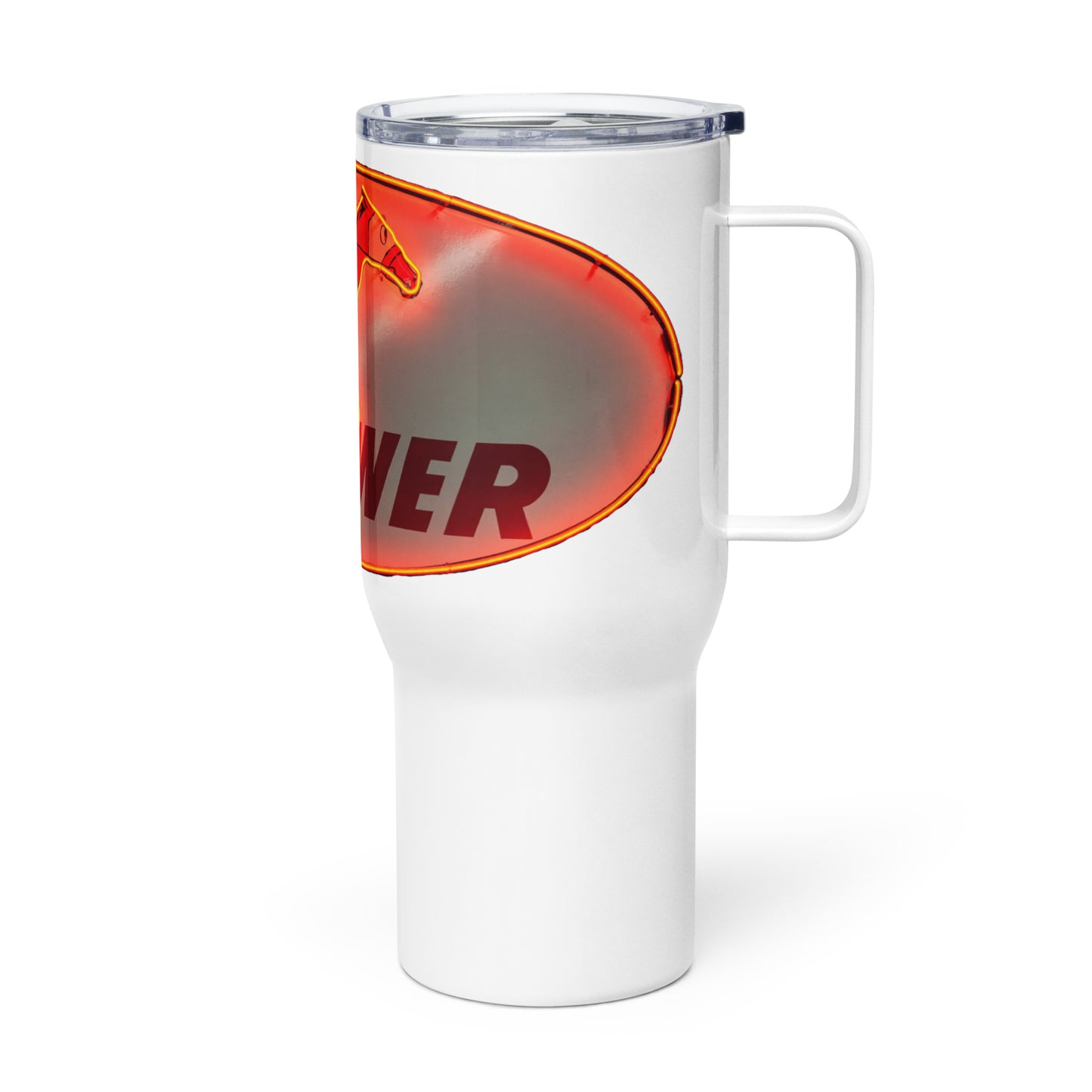 Retro Neon Sign Power Travel mug with a handle