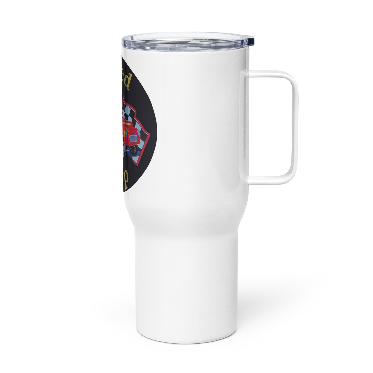 Retro Speed Shop Tin Style Travel mug with a handle