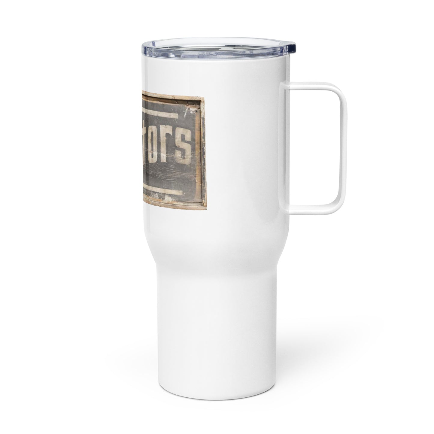 Retro Tractors Sign Wood Style Travel mug with a handle