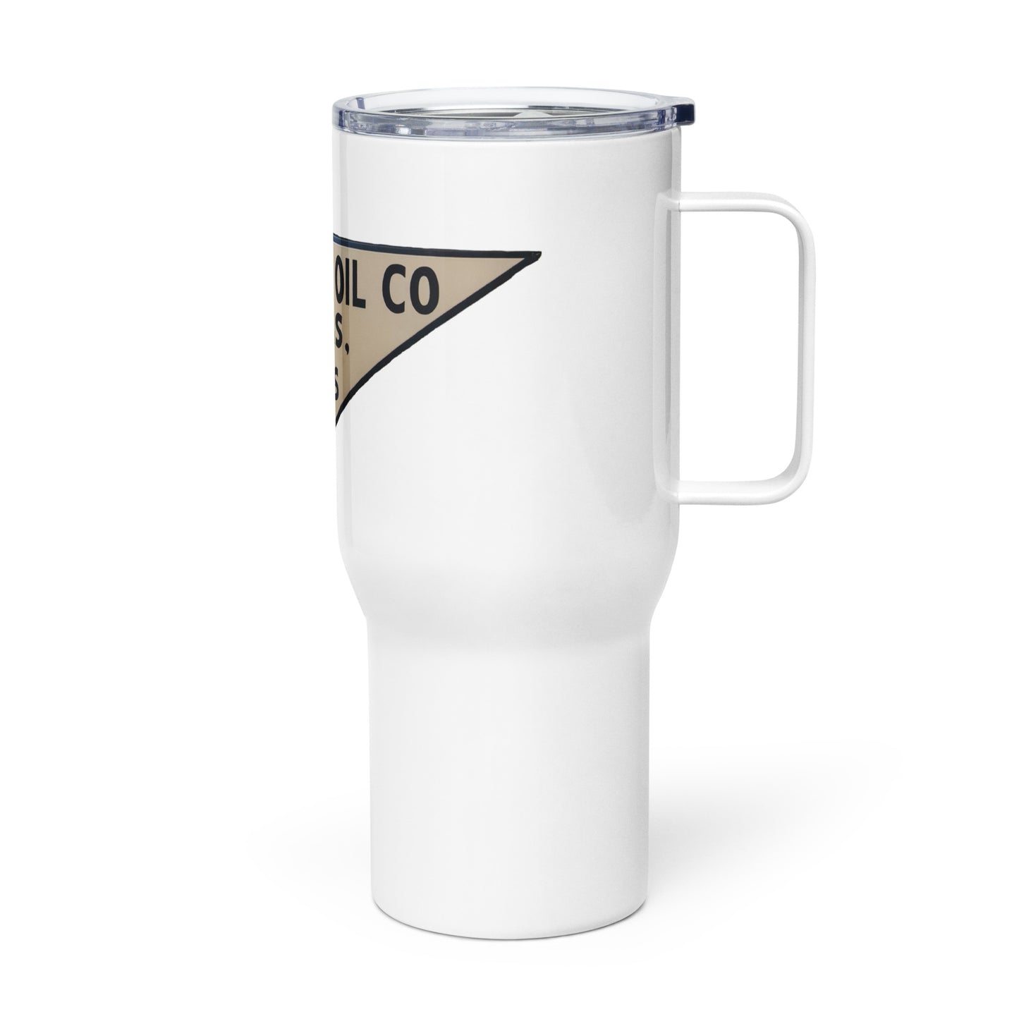 Retro Triangle Oil Company Tin Style Travel mug with a handle