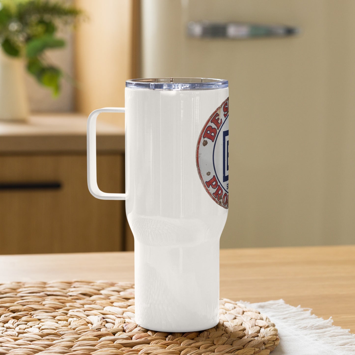 B Square Design Porcelain Travel mug with a handle